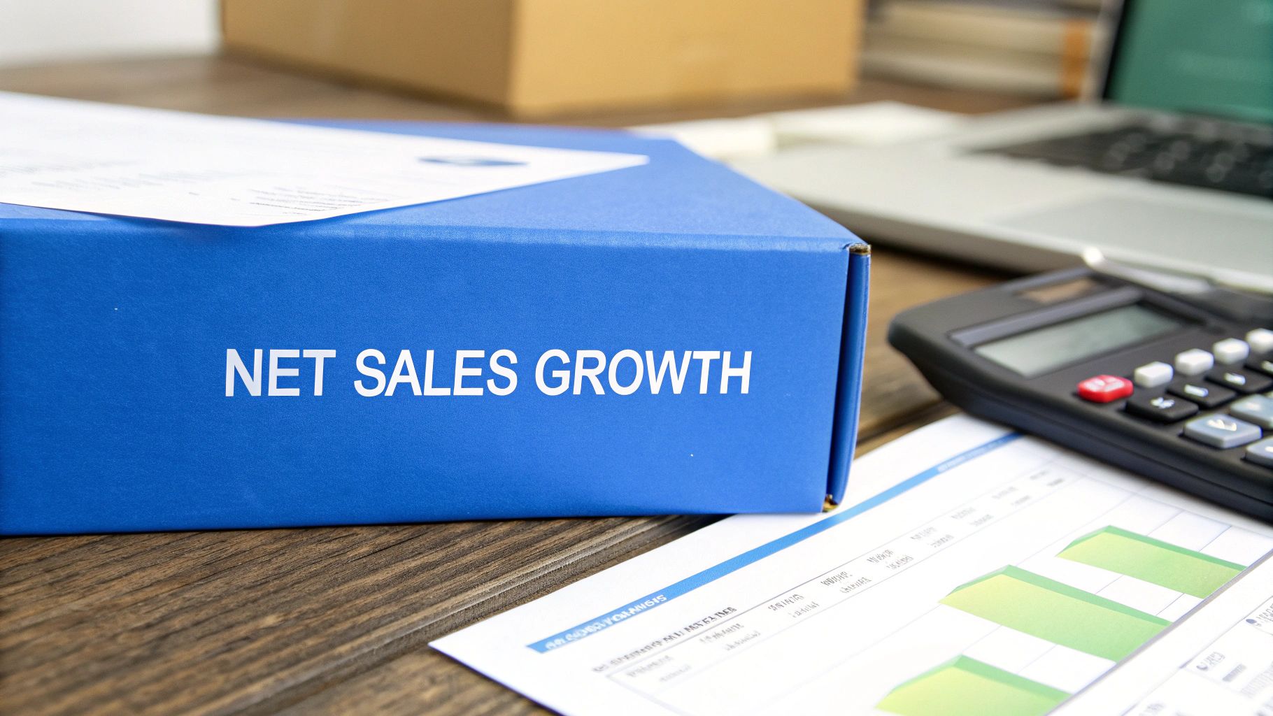 Blue box 'NET SALES GROWTH' with calculator, laptop, and financial chart on desk.