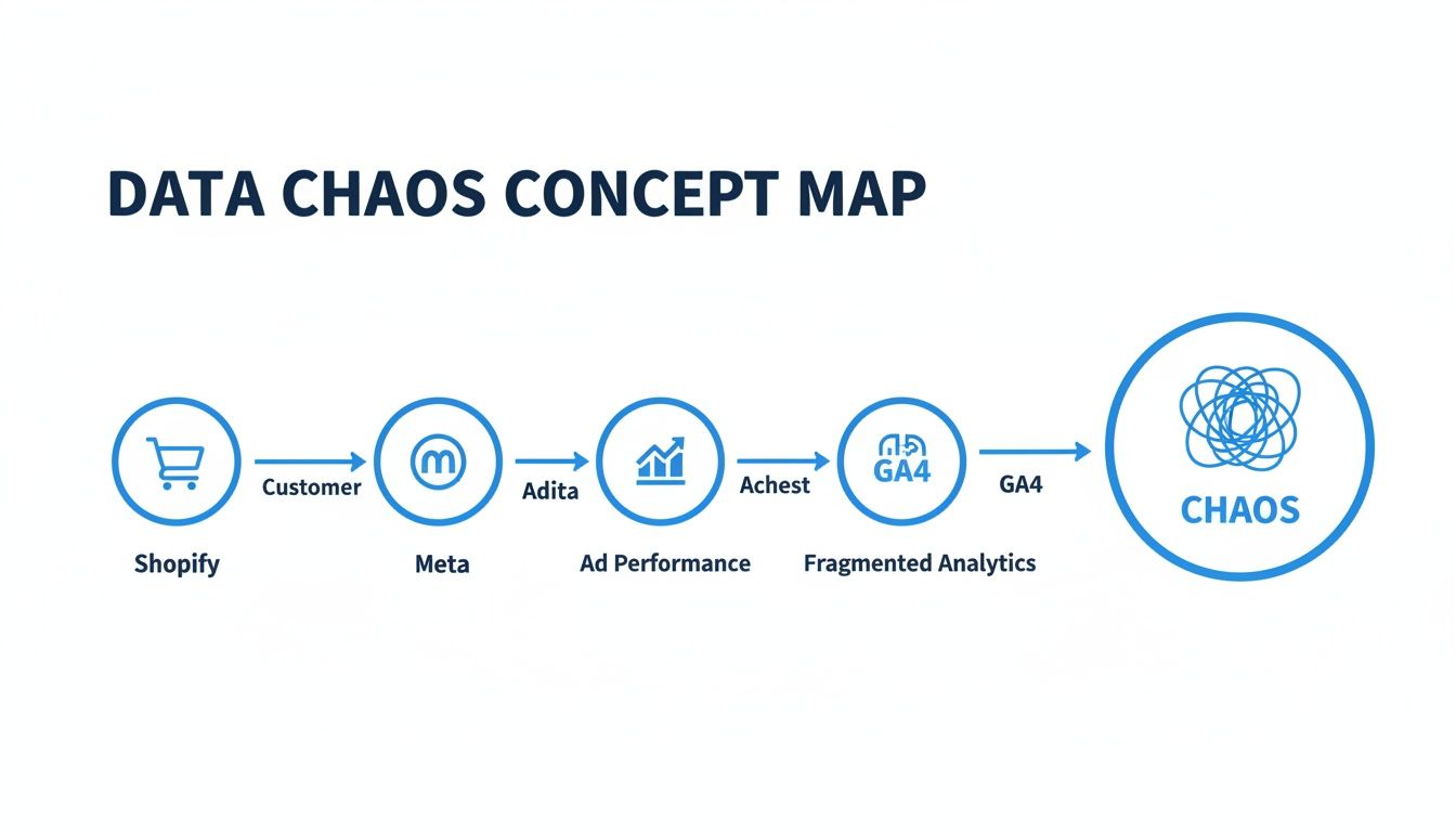 Diagram showing data flow from Shopify to Meta, Ad Performance, and GA4, leading to data chaos.