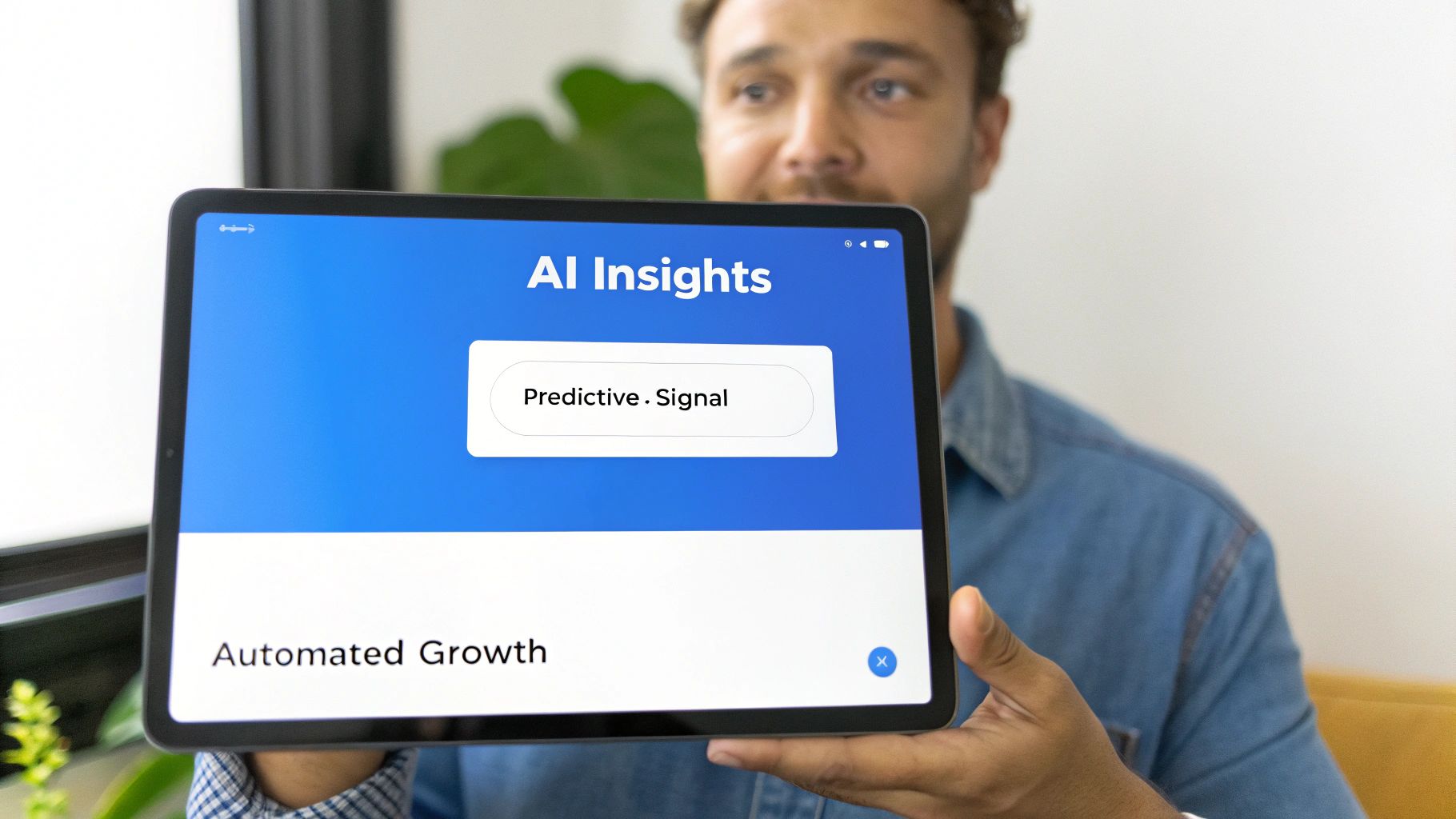 A man holds a tablet displaying 'AI Insights' with 'Predictive. Signal' and 'Automated Growth'.