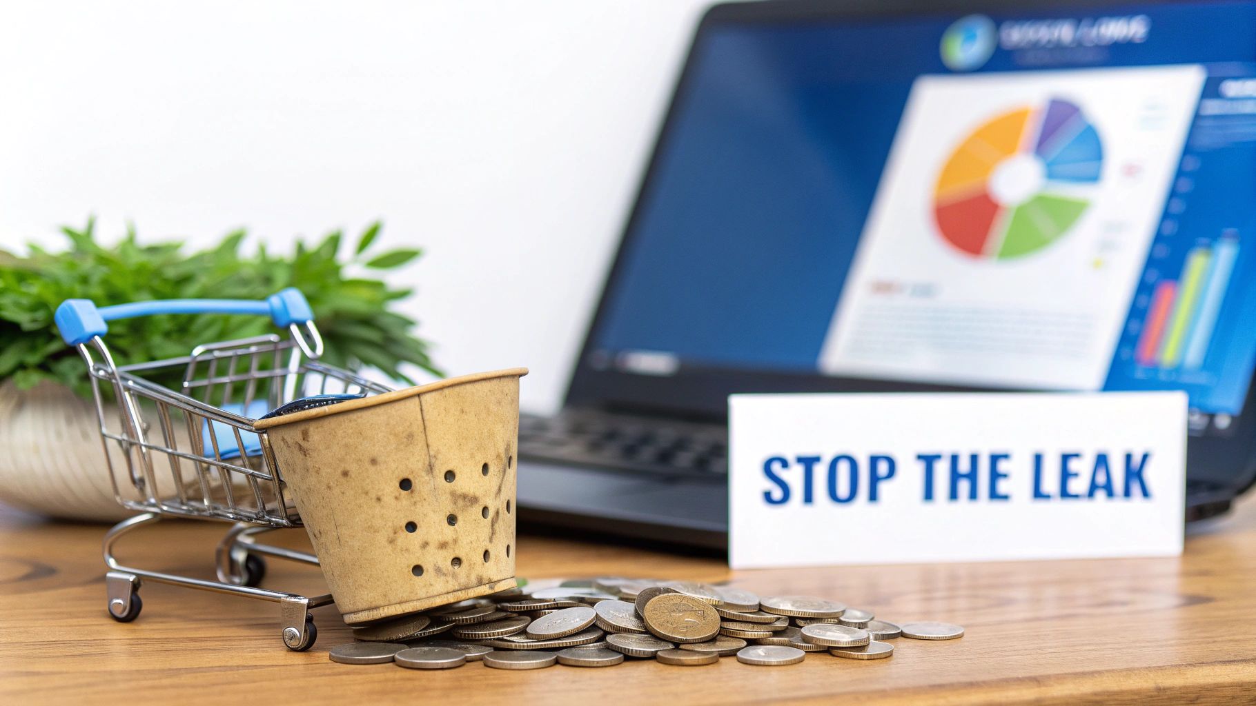 A leaky paper cup spills coins from a miniature shopping cart, next to a laptop displaying charts and a 'STOP THE LEAK' sign.