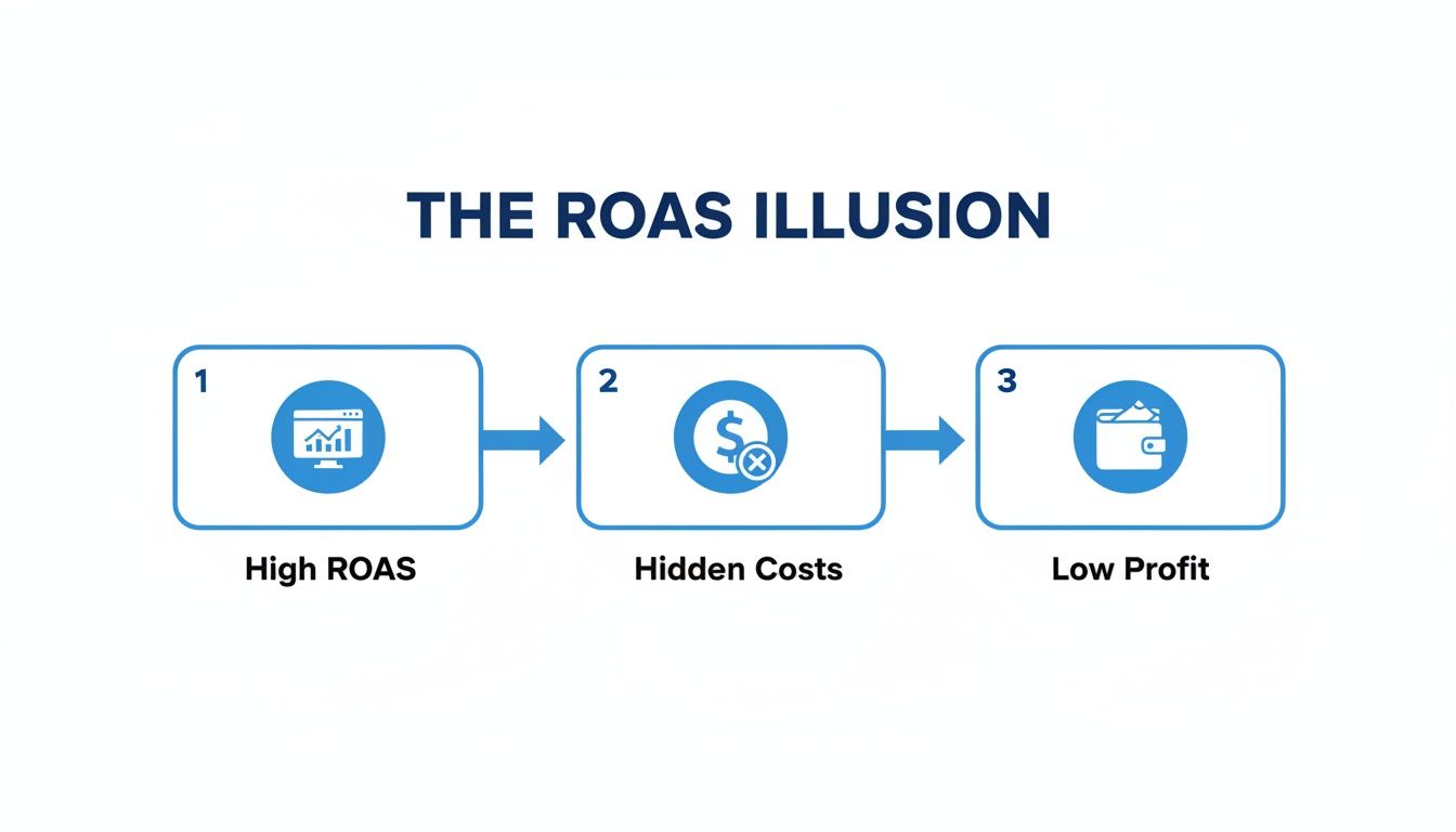 A diagram titled 'The ROAS Illusion' shows high ROAS leading to hidden costs and ultimately low profit.