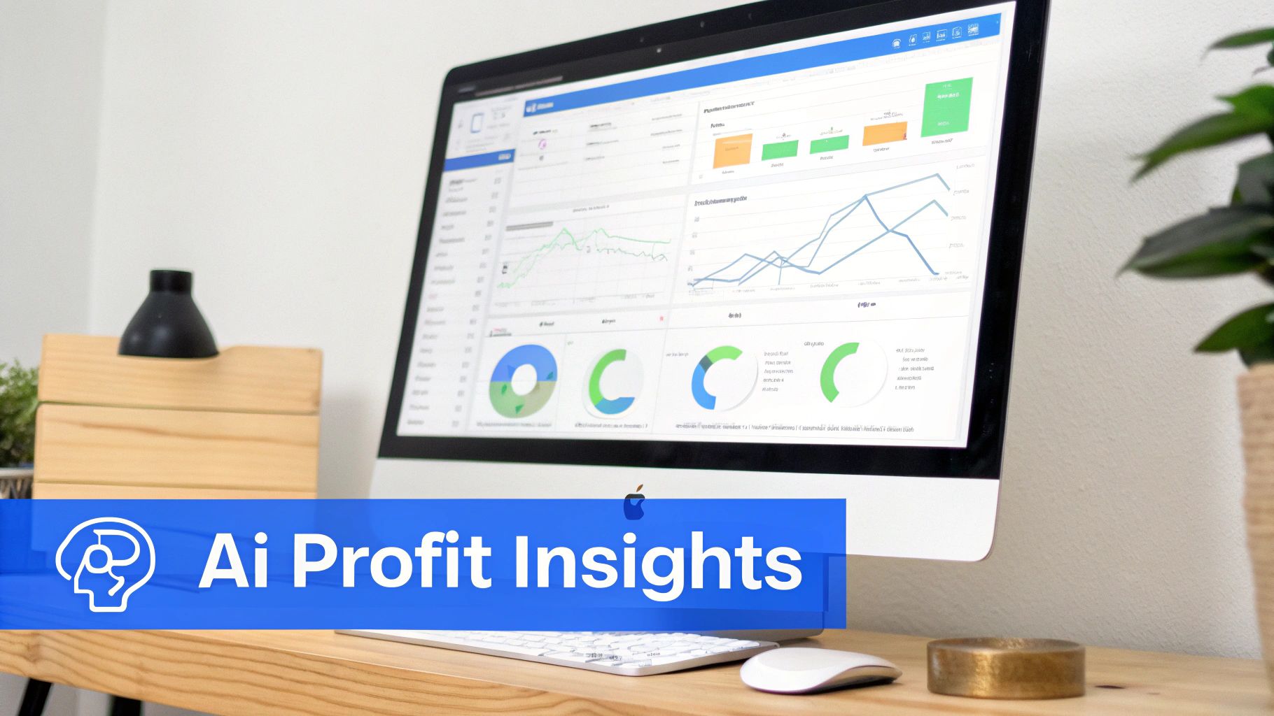 An iMac displays an Ai Profit Insights dashboard with various charts and graphs on a wooden desk.