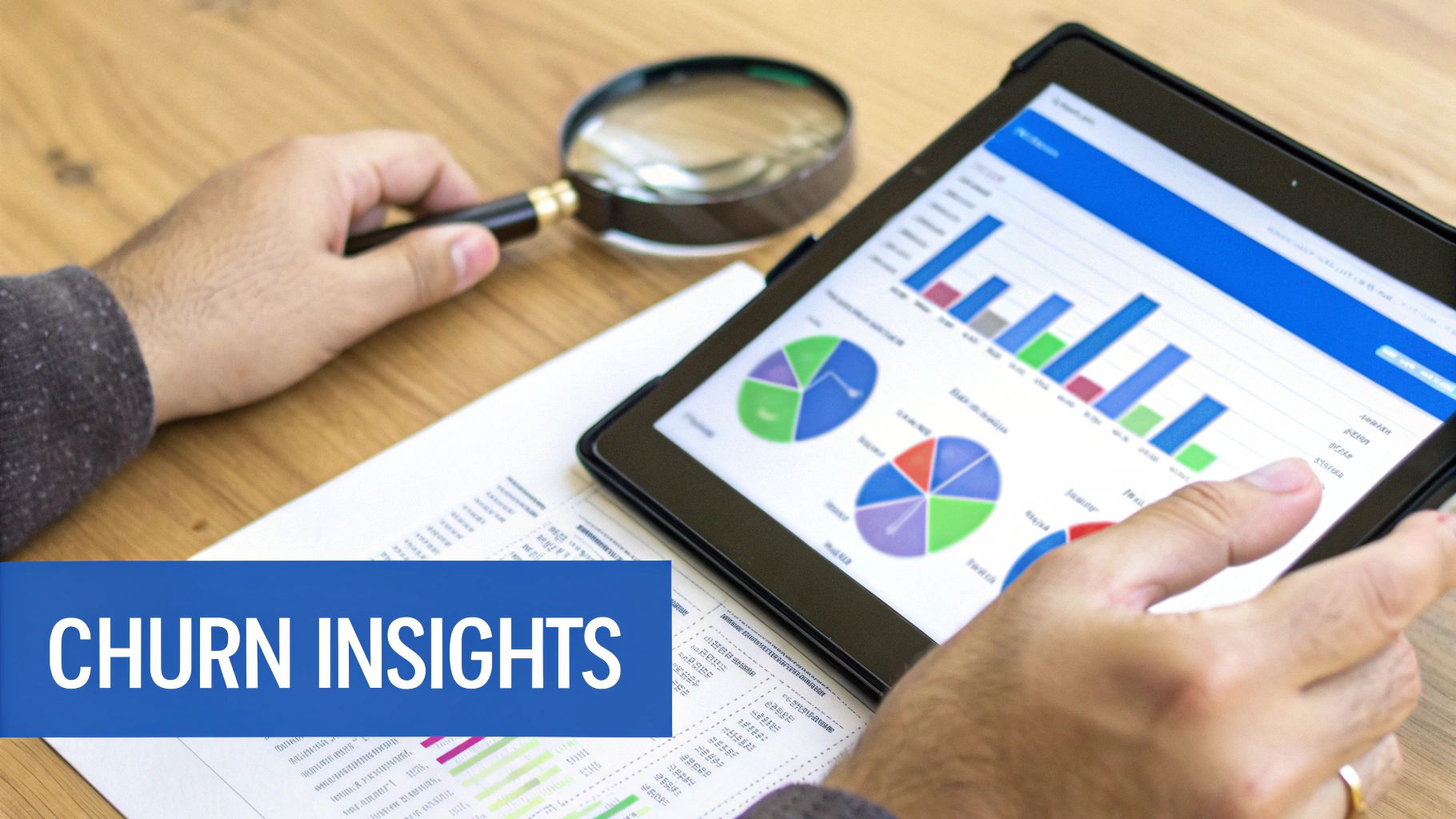 Hands analyzing churn insights on a tablet with charts, graphs, documents, and a magnifying glass.