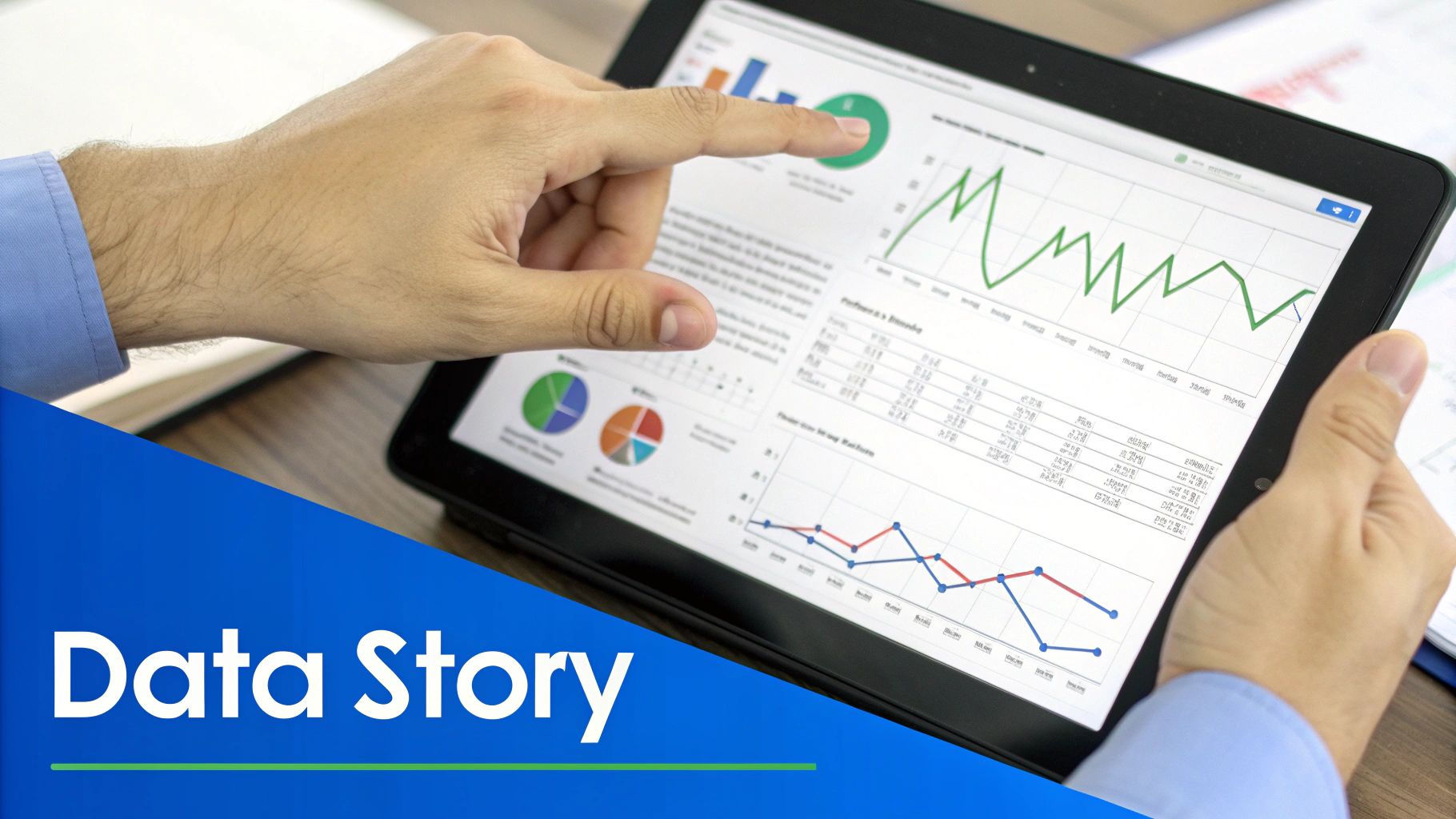 Hands using a tablet to analyze an ecommerce analytics dashboard with multiple data visualizations.