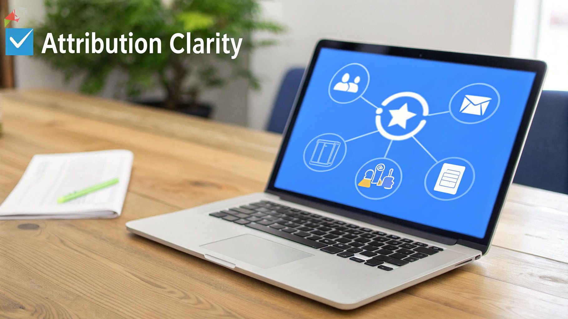 A laptop displaying an attribution clarity diagram with connected icons, next to a notebook on a wooden desk.