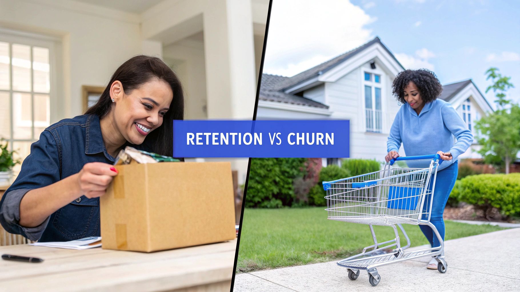 A split image showing 'RETENTION VS CHURN' with a woman unboxing and another pushing an empty cart.