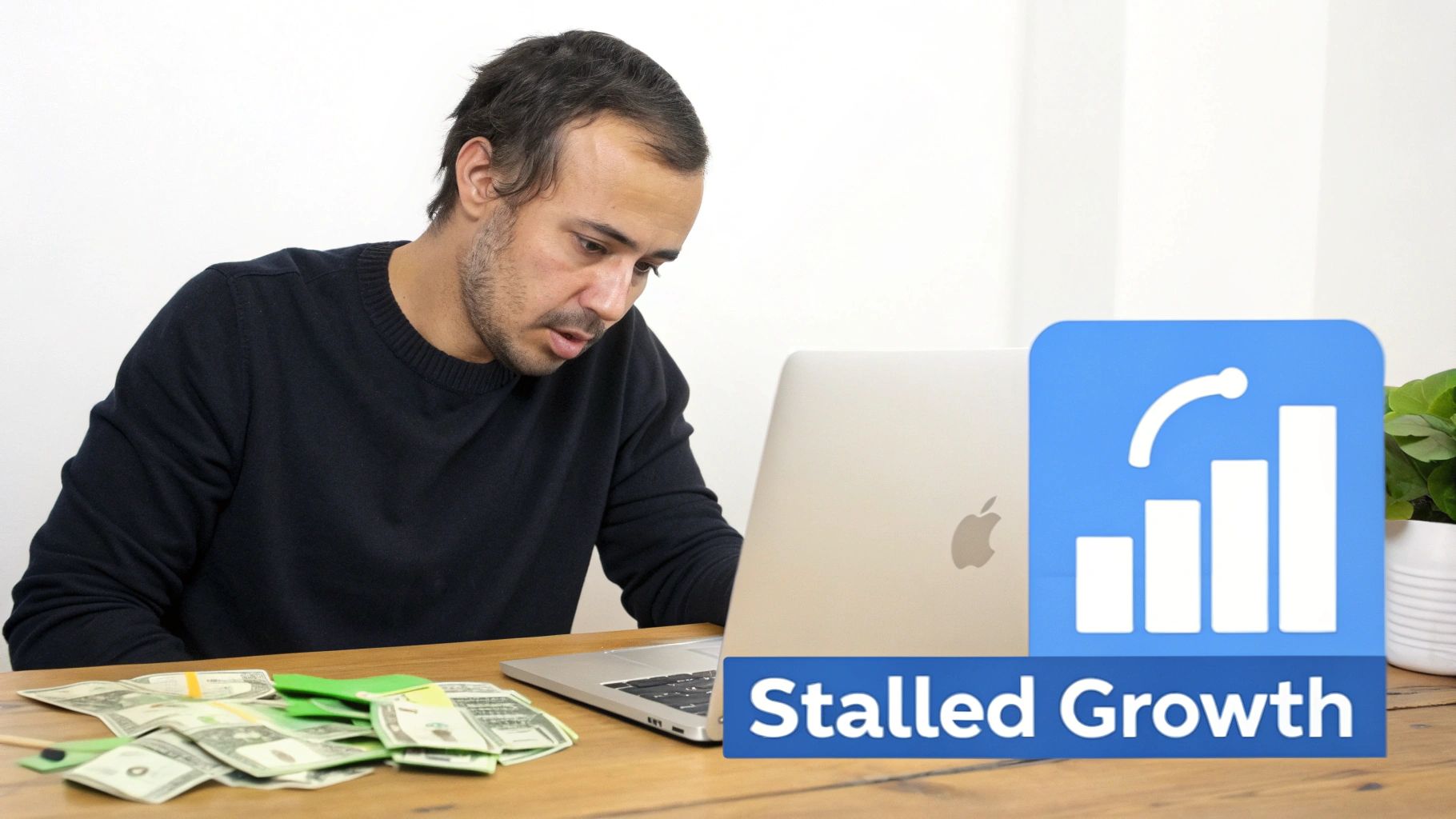 A business owner looking at a confusing dashboard of charts and graphs, feeling overwhelmed.