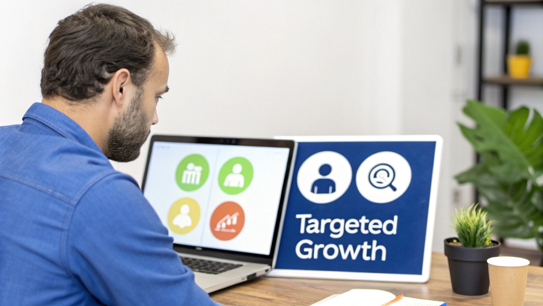 Businessman analyzing customer segmentation models on a laptop next to a 'Targeted Growth' sign.
