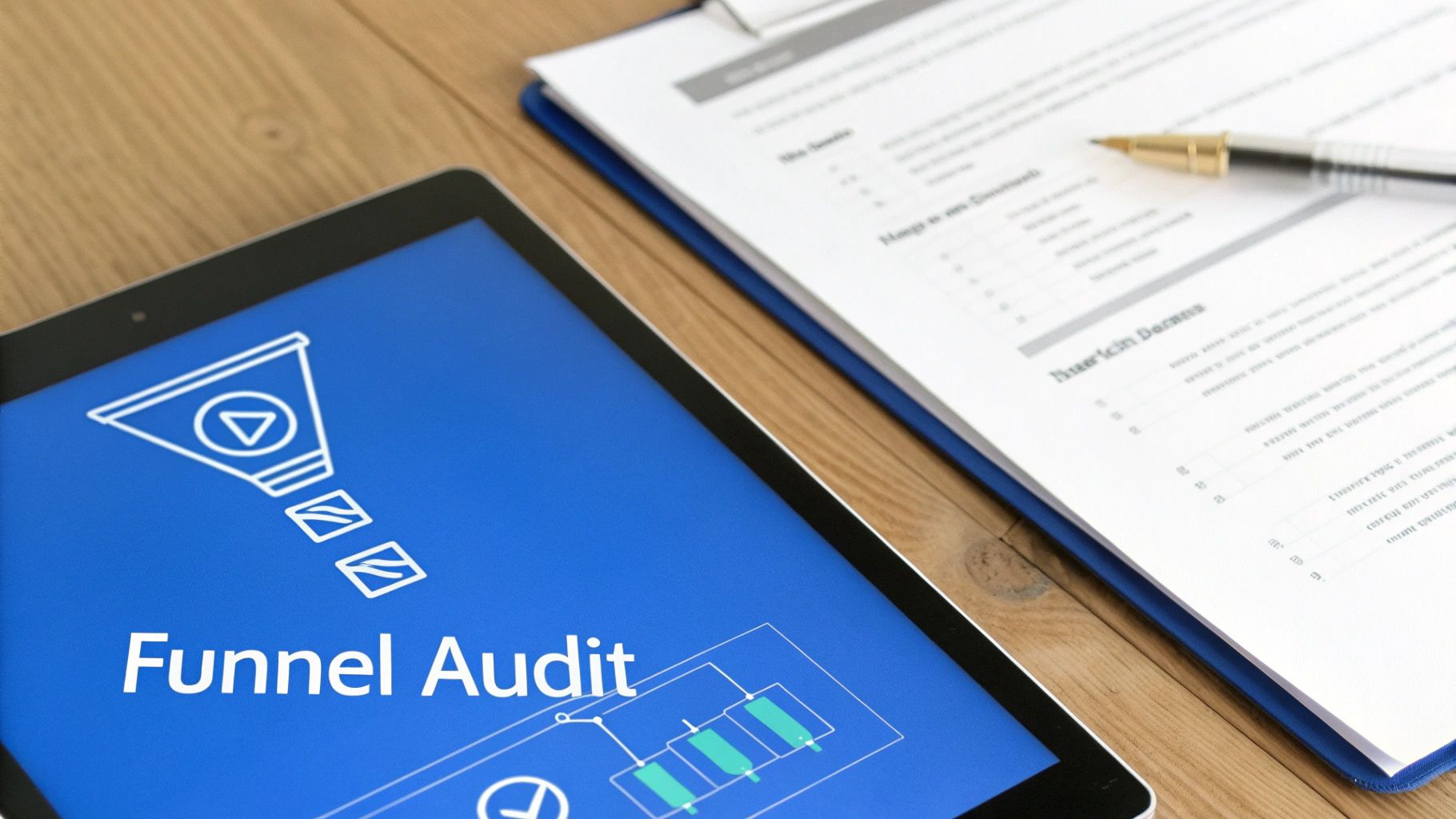 A person at a desk sketching out ideas on a notepad, with analytics charts visible on a computer screen in the background.