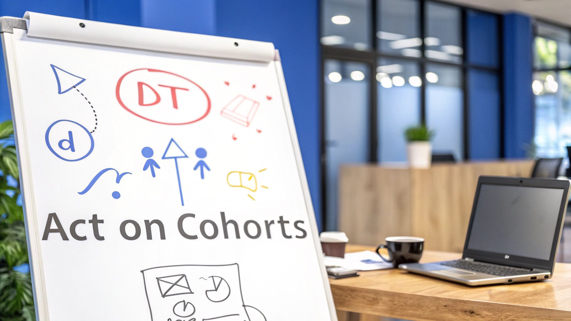 A whiteboard displays 'Act on Cohorts' and diagrams, alongside a laptop and coffee on a desk.