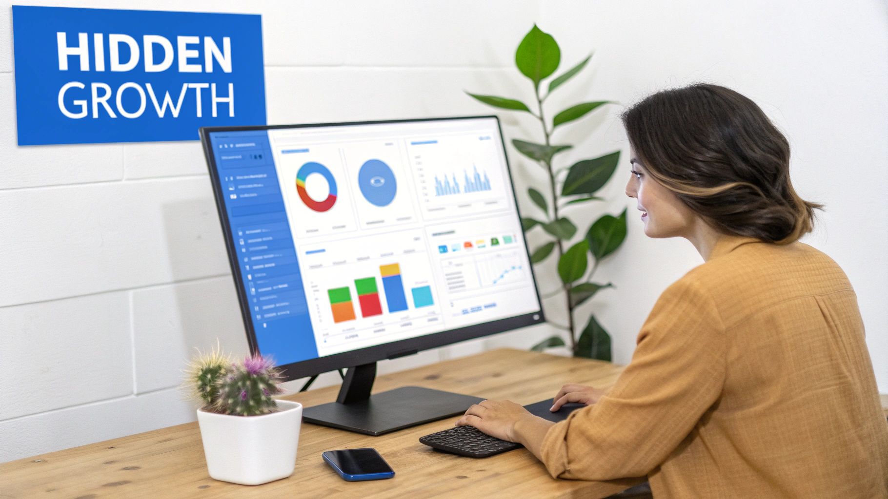 A woman analyzes data on a monitor displaying charts and graphs, with 'HIDDEN GROWTH' sign.