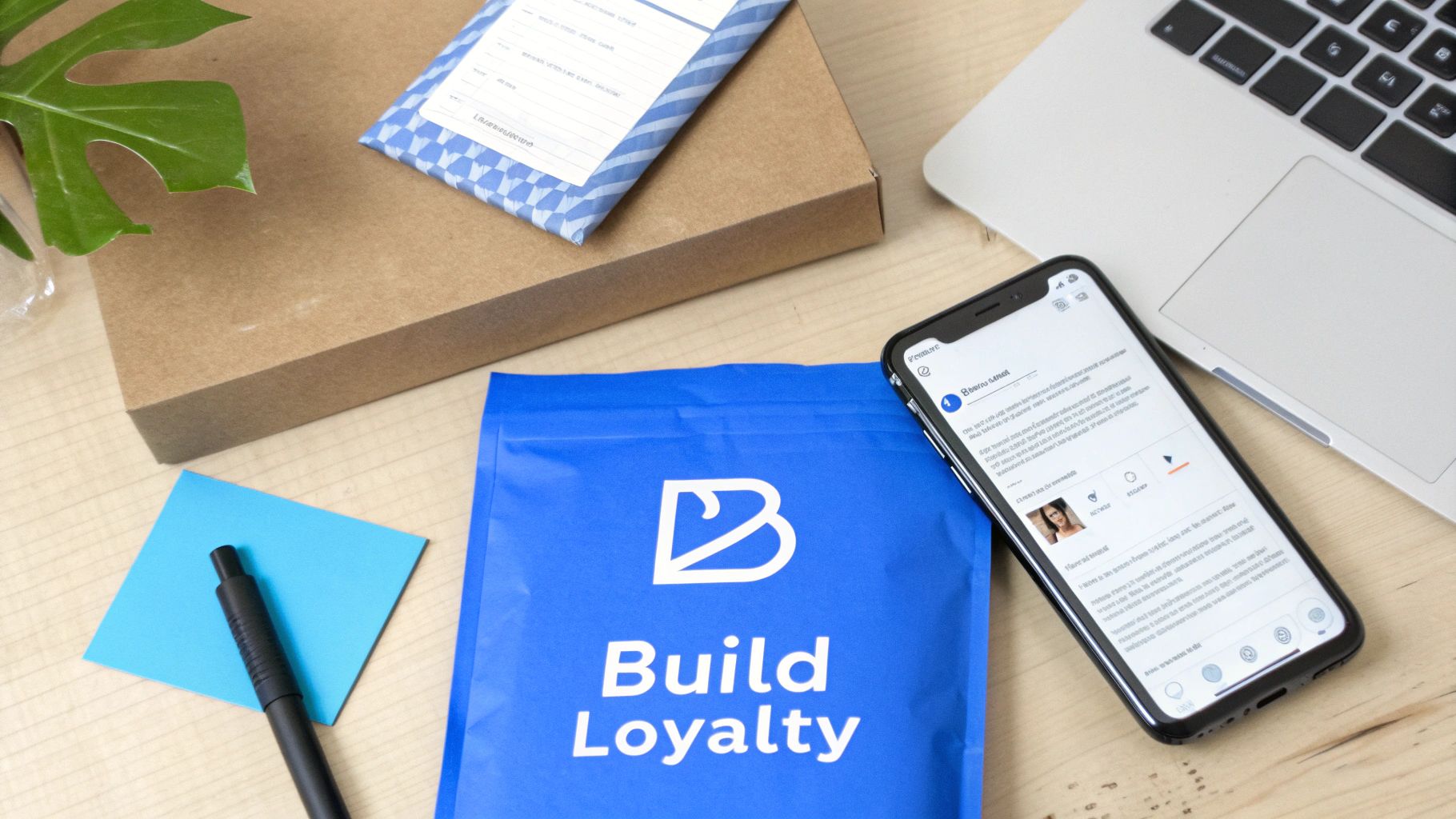 Build Loyalty blue booklet with smartphone displaying customer retention article on wooden desk workspace