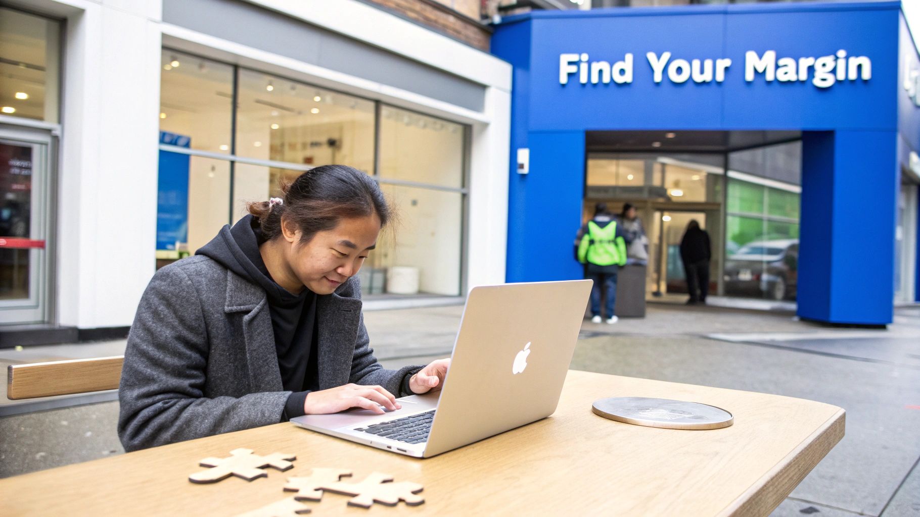A person works on a laptop at an outdoor table with a 'Find Your Margin' building in the background.