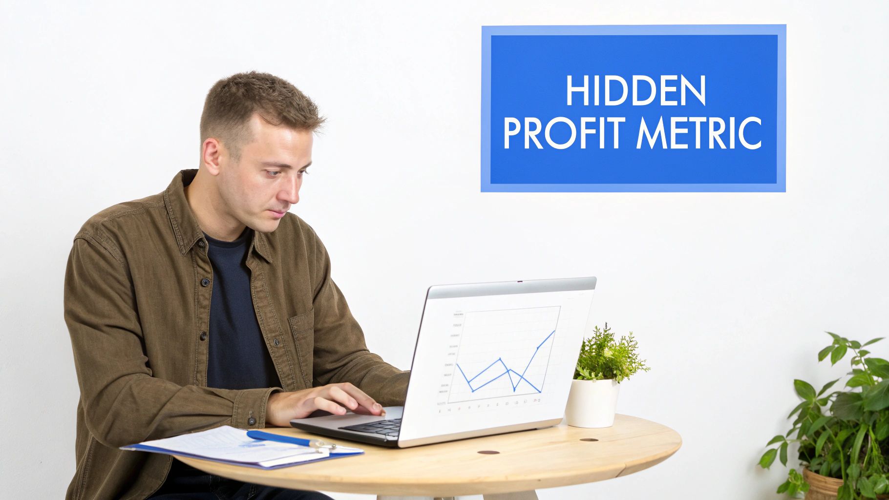 A man analyzes a laptop showing a chart, next to a 'HIDDEN PROFIT METRIC' sign.