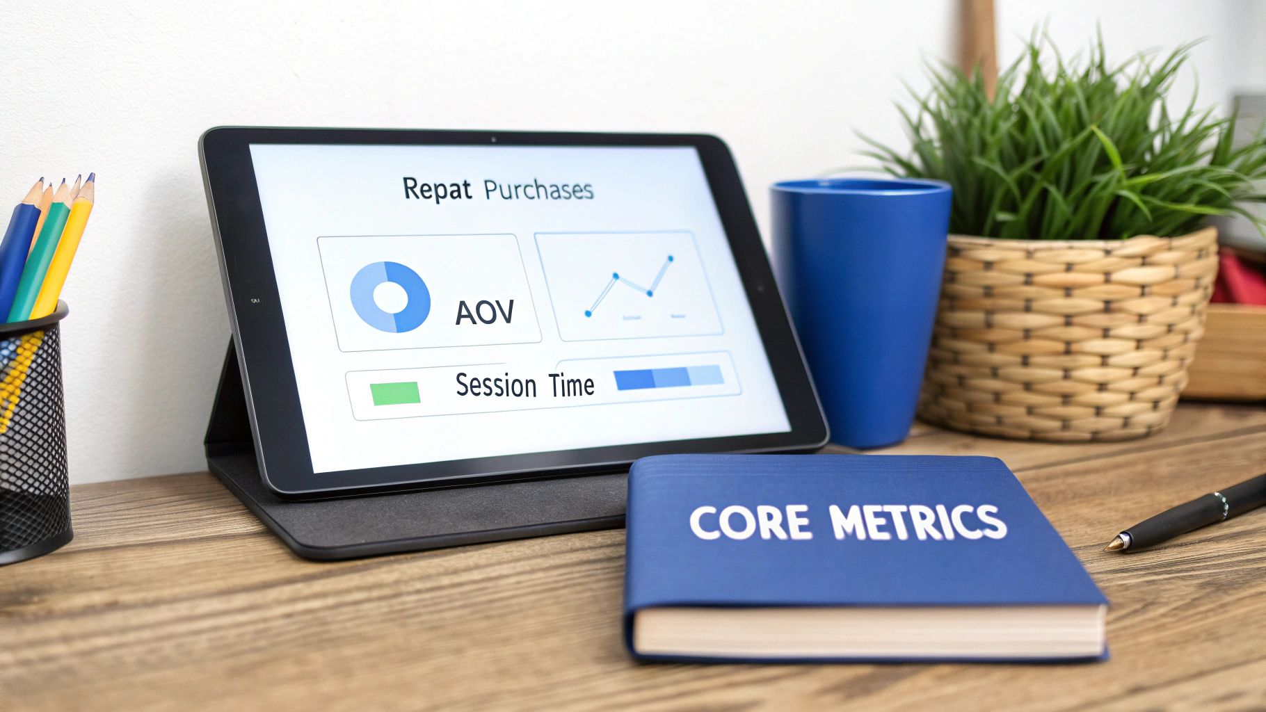 A tablet displaying customer engagement metrics like AOV and session time, with a 'CORE METRICS' book on a wooden desk.