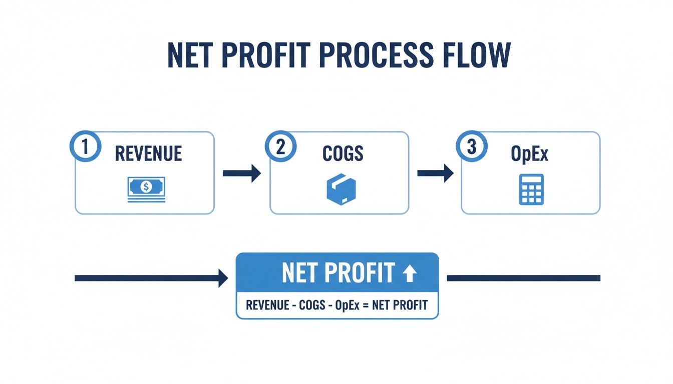 A flowchart visually explaining the net profit process, from revenue through expenses to final net profit.