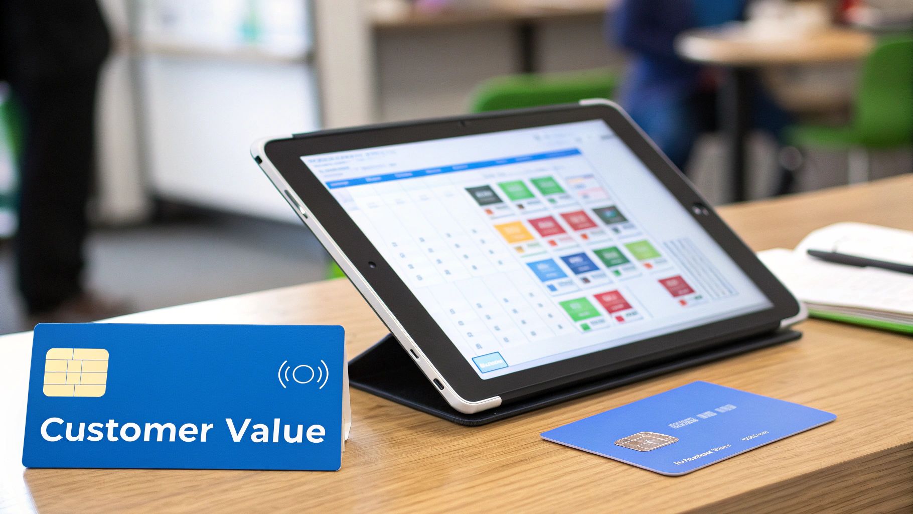 Tablet displaying customer data analytics with payment cards on wooden desk showing customer value