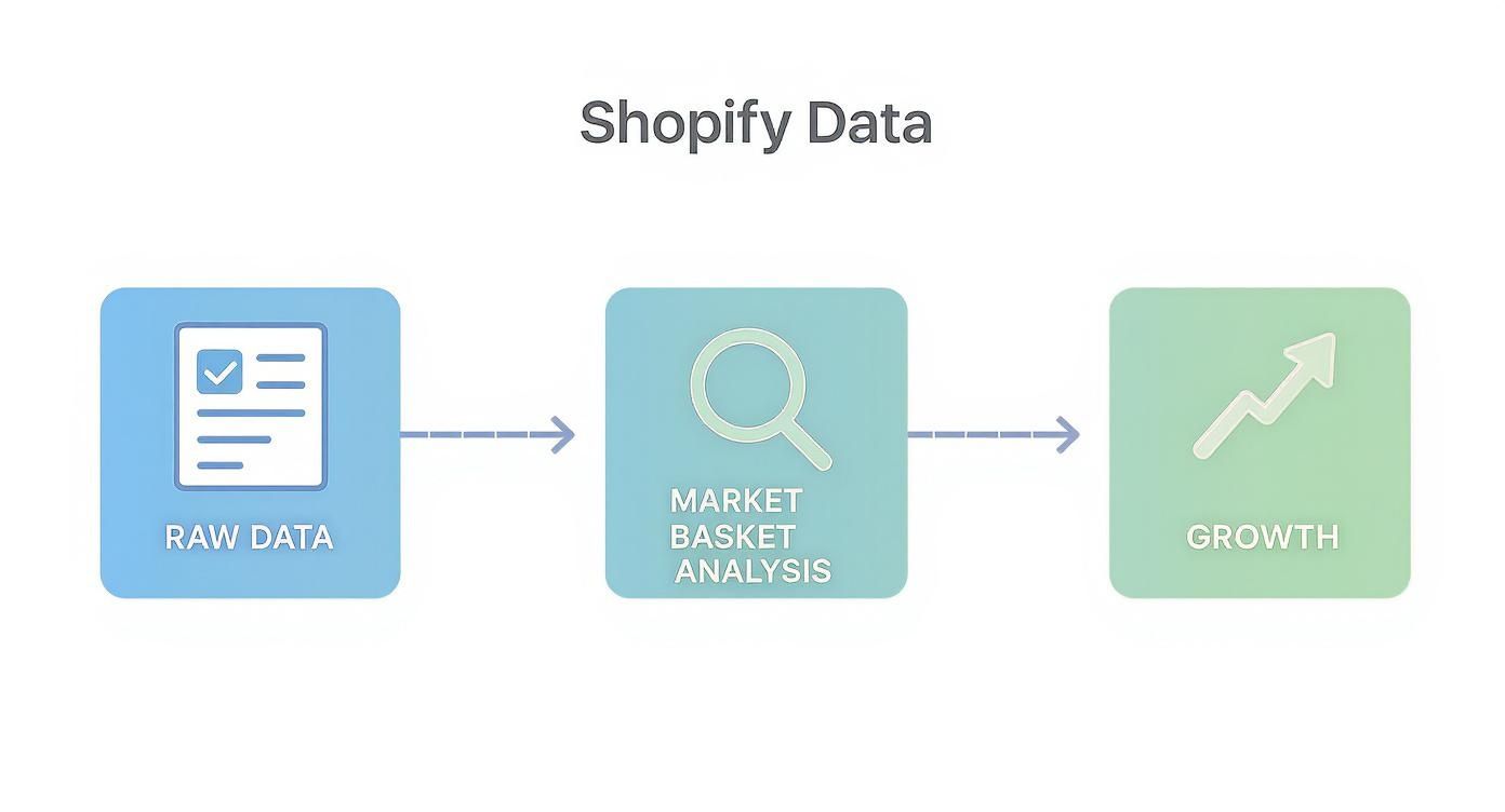 Shopify data workflow diagram showing raw data leading to market basket analysis and resulting in growth