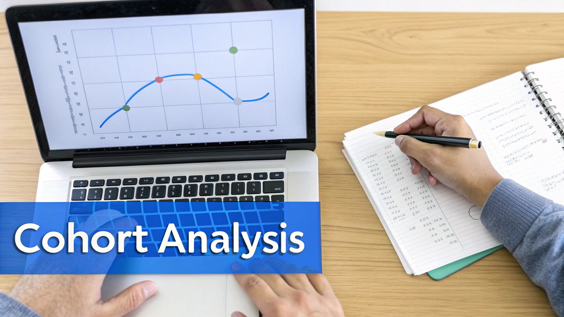 A person conducts cohort analysis, viewing a data graph on a laptop and taking notes in a notebook.