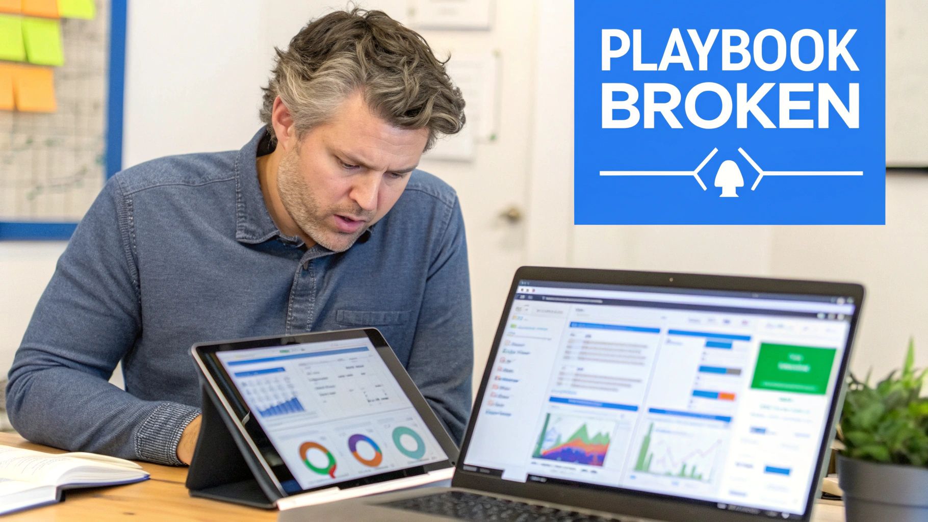 A man intently analyzes data on a tablet and laptop, with a 'PLAYBOOK BROKEN' sign in the background, suggesting a strategic review.