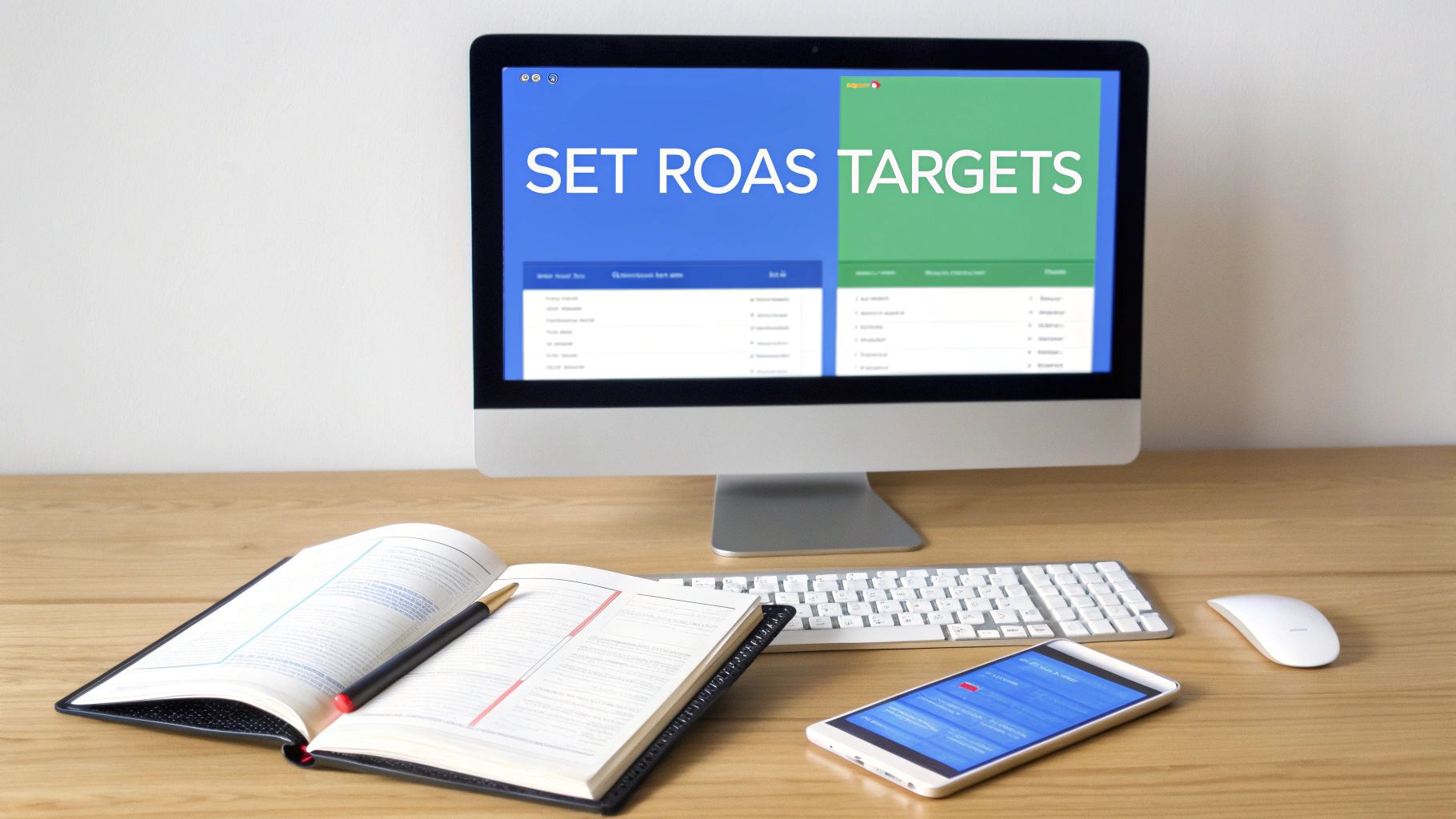 A desk setup with a computer monitor displaying 'SET ROAS TARGETS', an open notebook, smartphone, keyboard, and mouse.