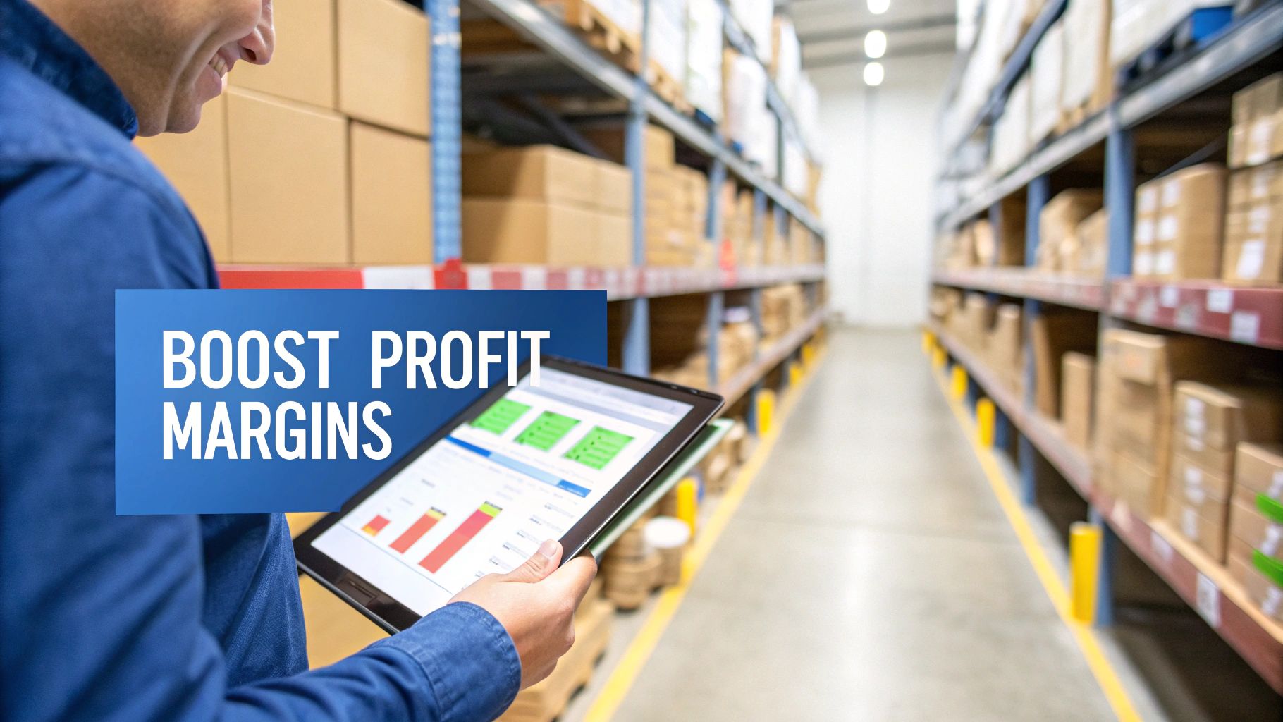 Person in a warehouse using a tablet to analyze data and boost profit margins.