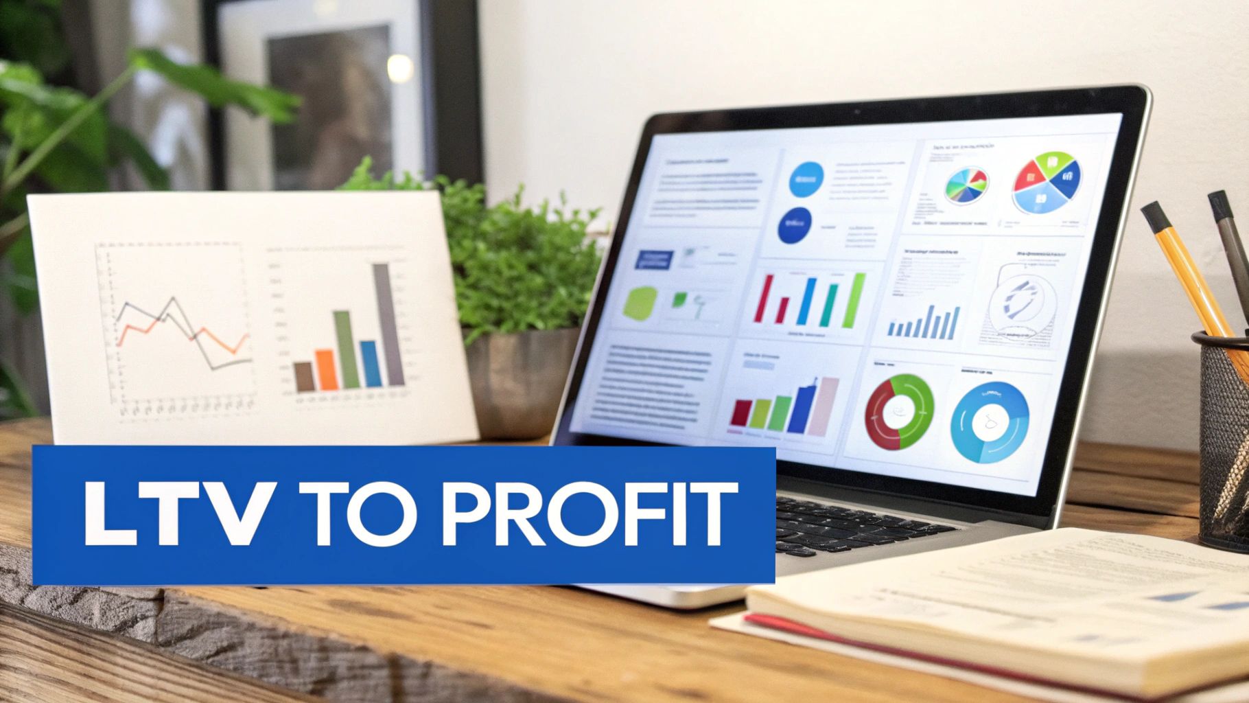 Workspace with a laptop showing data analytics, printed graphs, and a 'LTV TO PROFIT' banner.