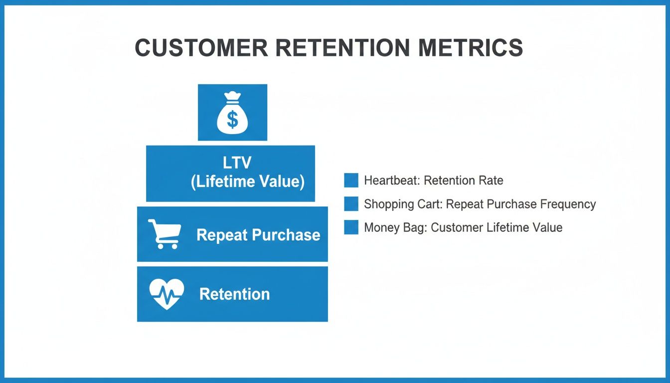 A diagram explaining customer retention metrics, including lifetime value, repeat purchase, and retention rate.