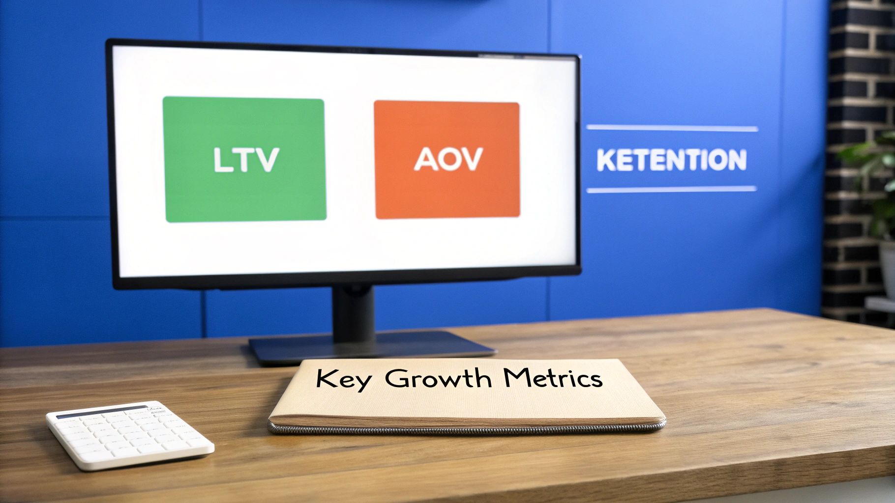 A monitor displaying LTV and AOV metrics, alongside a notebook titled 'Key Growth Metrics' on a wooden desk.