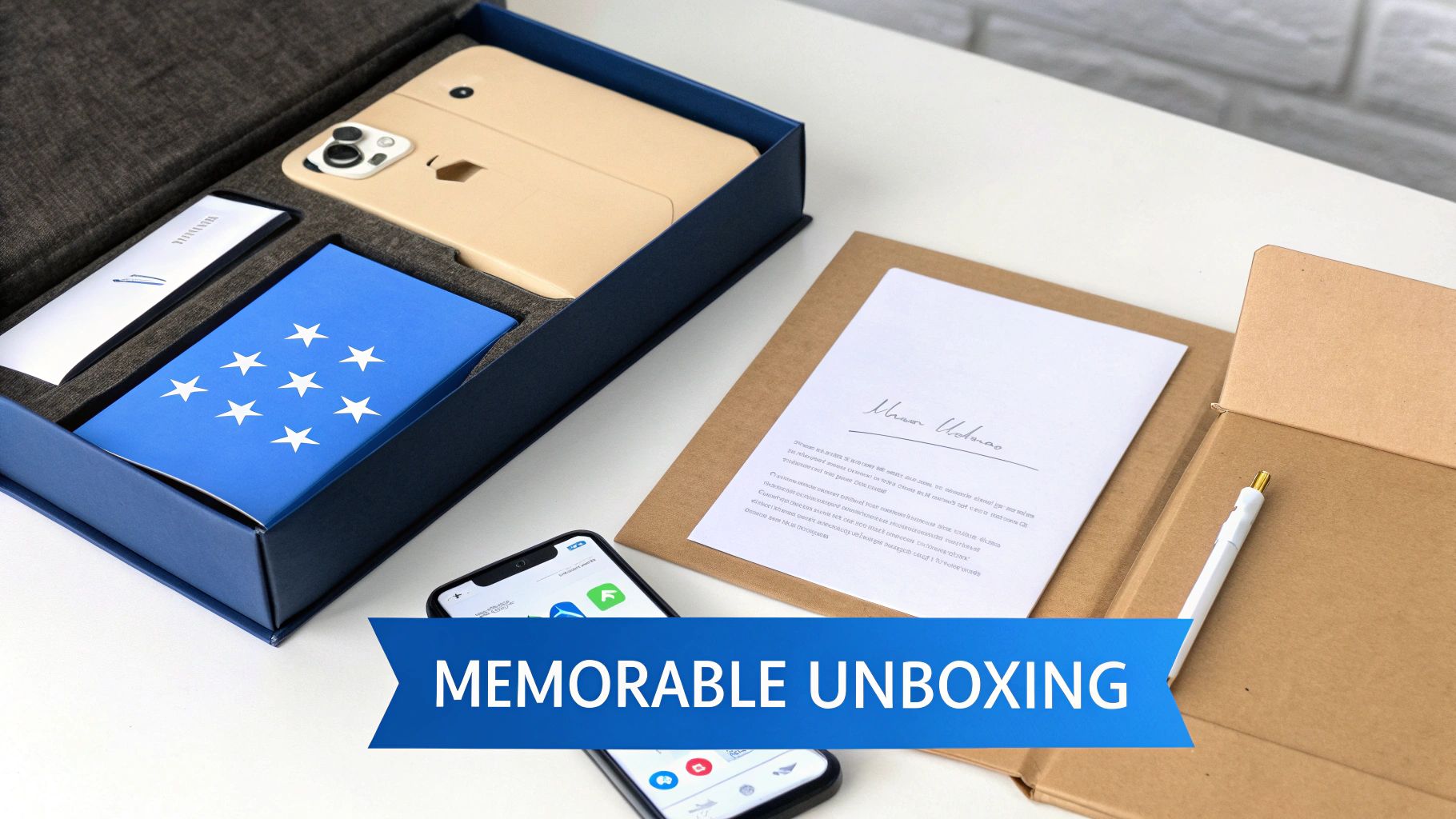 A memorable unboxing experience showing a blue gift box with a phone, documents, and a pen on a white table.