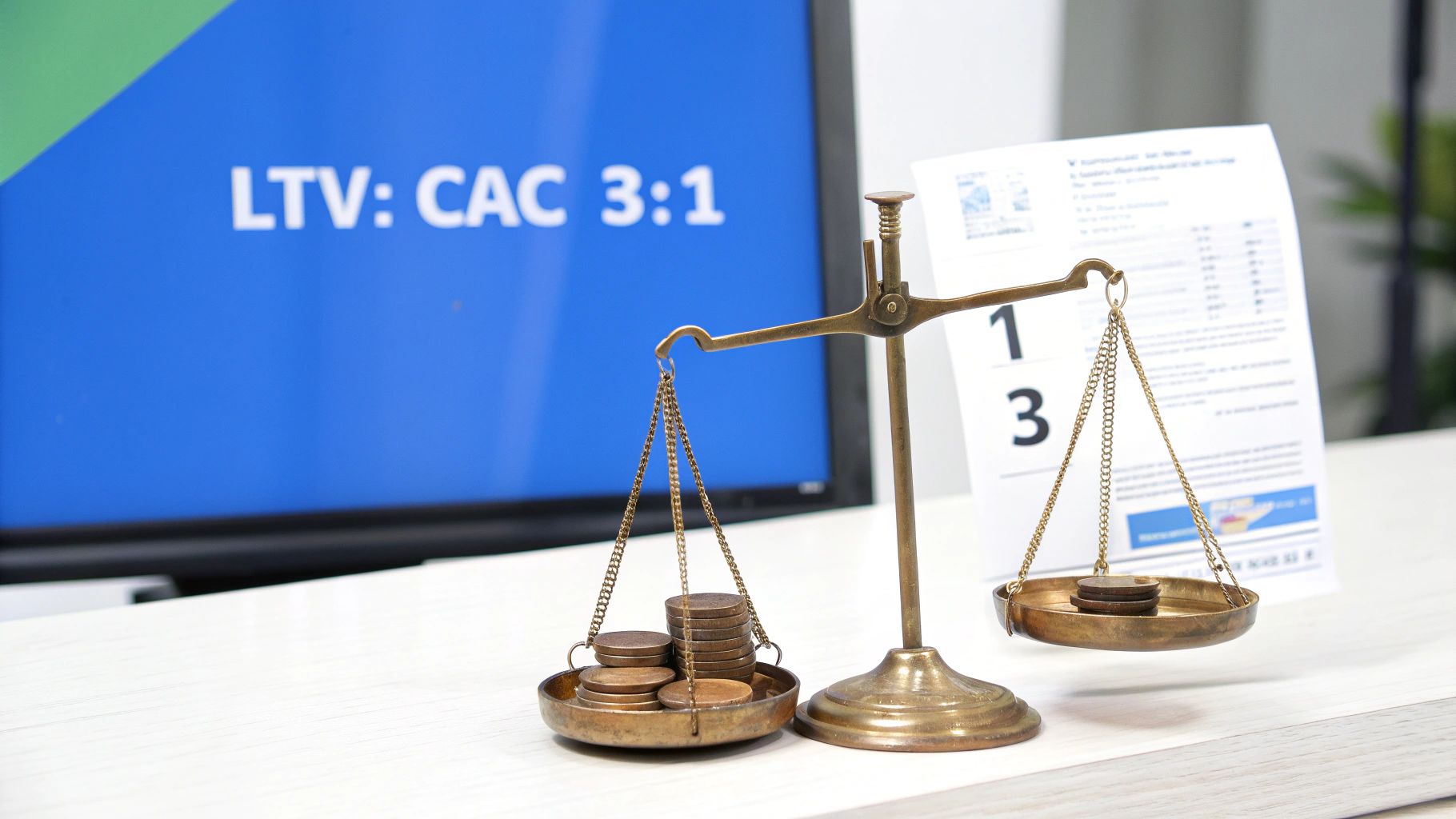 A scale balances coins, with a monitor displaying 'LTV: CAC 3:1' and a document showing '1 3', symbolizing financial metrics.