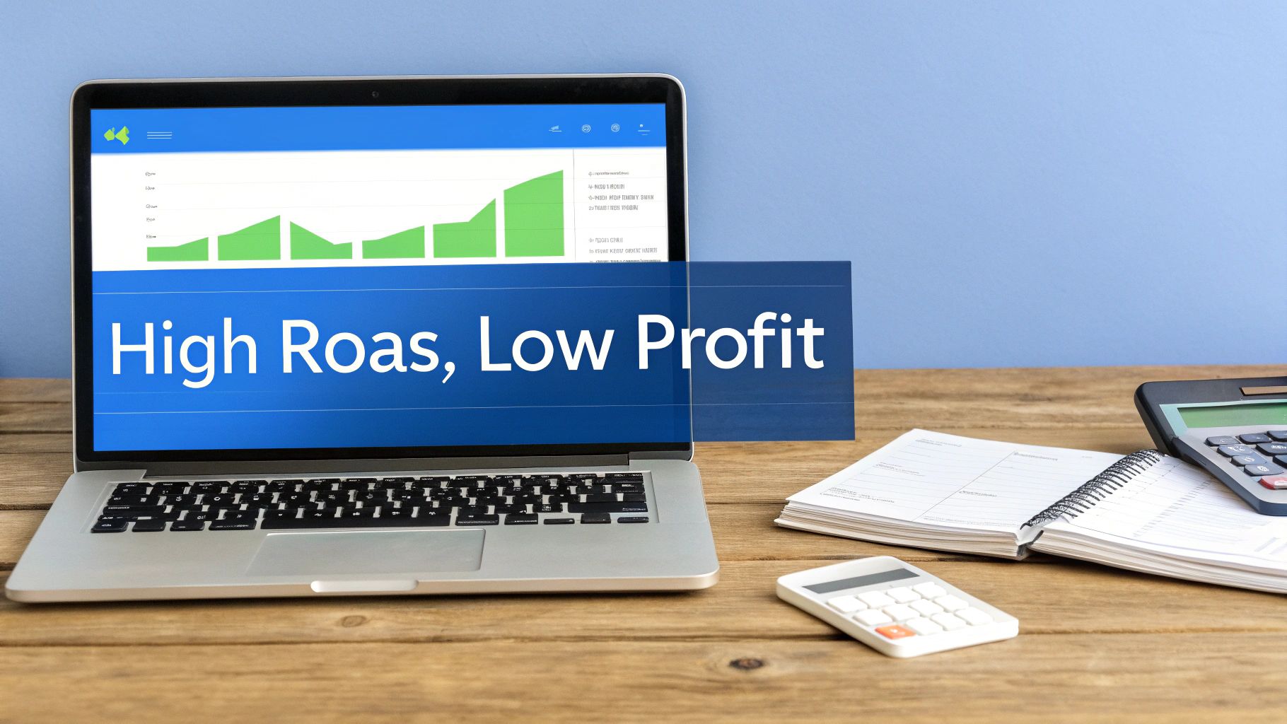 A laptop displaying a graph and the text 'High Roas, Low Profit' on a wooden desk with calculators and notebooks.
