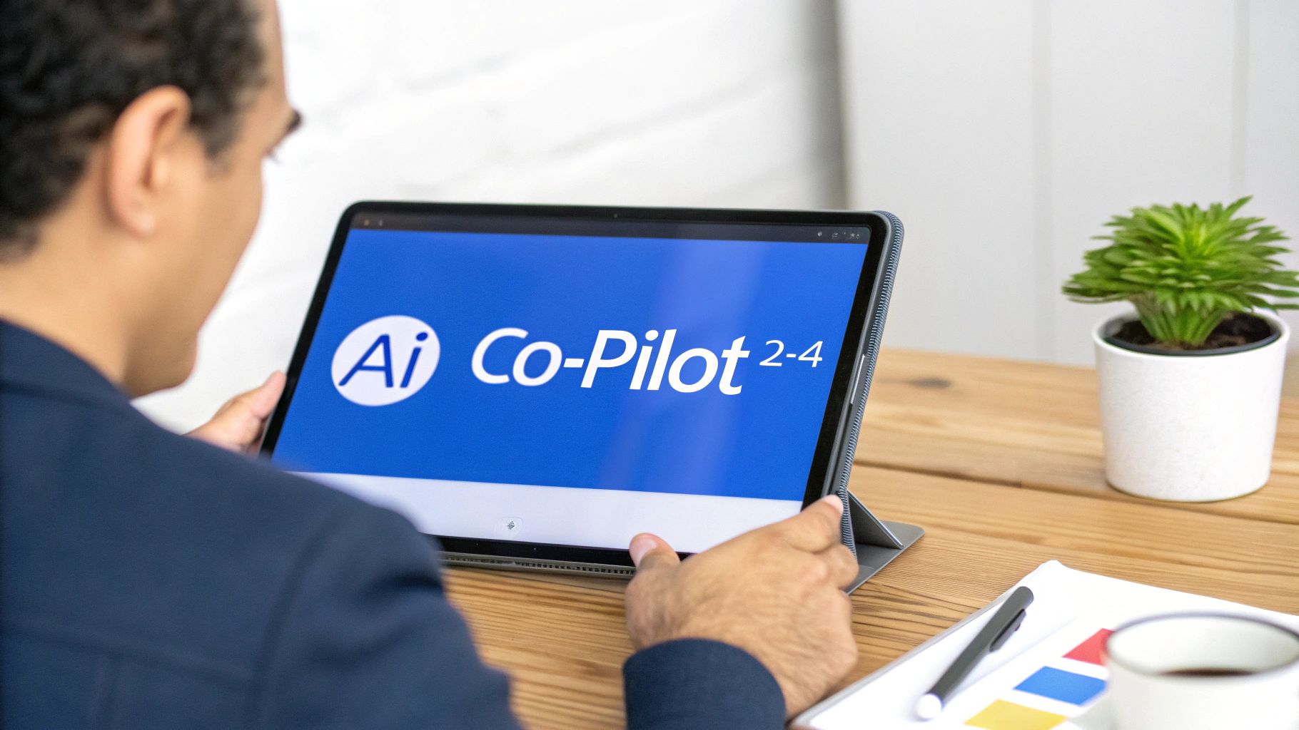 A person in a suit uses a tablet displaying 'Ai Co-Pilot 2-4' on a blue screen in a workspace.