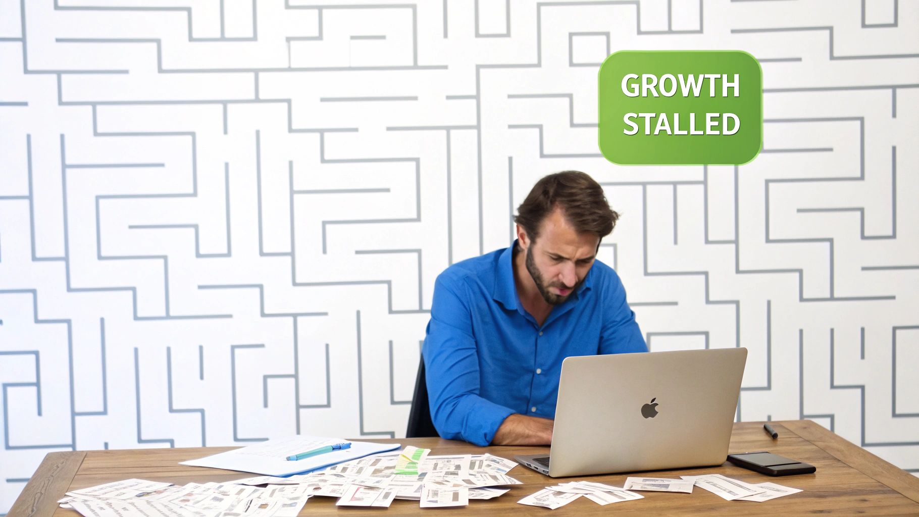 Un hombre estresado trabaja en una laptop en un escritorio con papeles, frente a una pared de laberinto y un letrero de 'Crecimiento Estancado'.