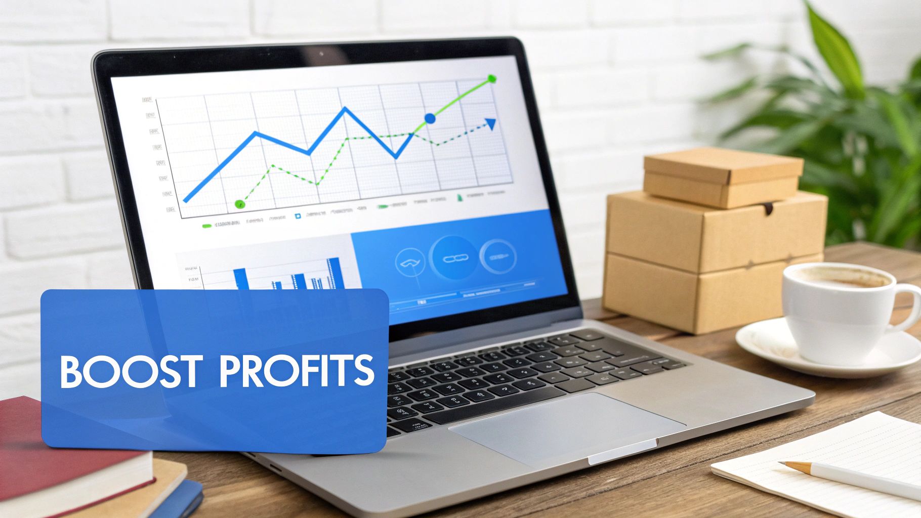 Una pantalla de laptop muestra un gráfico financiero ascendente con texto 'IMPULSAR GANANCIAS', simbolizando el crecimiento empresarial.