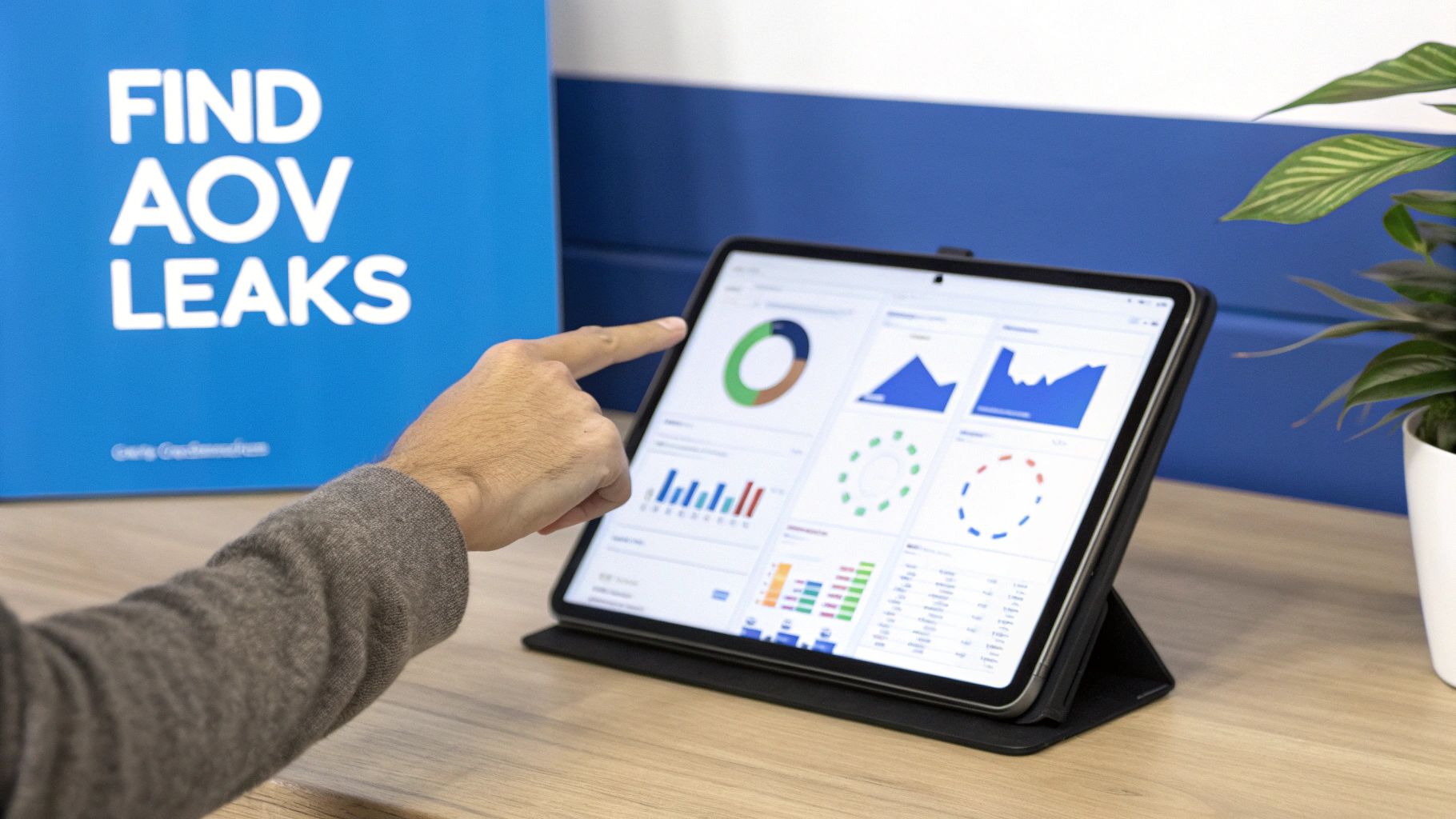 A person analyzing charts and graphs on a tablet, representing AI-driven analytics for a DTC brand.