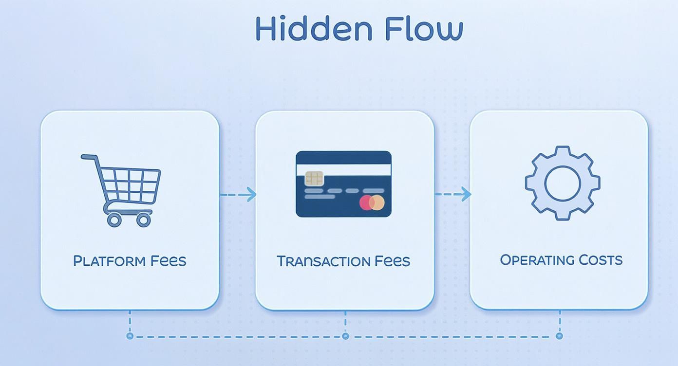 A diagram illustrating the hidden flow of business expenses: Platform Fees, Transaction Fees, and Operating Costs.