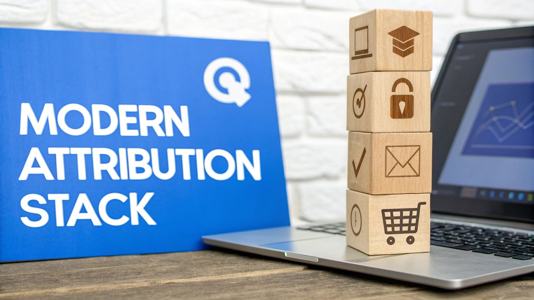 A blue 'Modern Attribution Stack' sign next to a laptop with stacked business icon blocks.