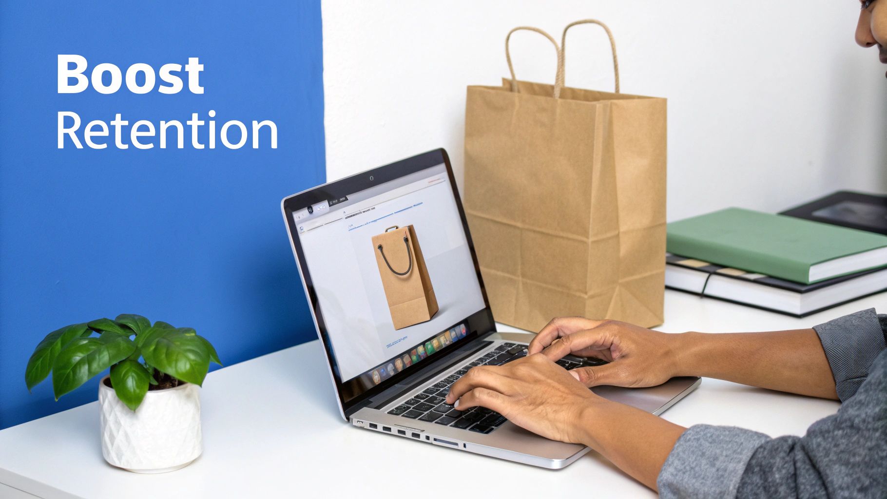 Hands typing on a laptop displaying a shopping bag, with a physical bag and 'Boost Retention' text.