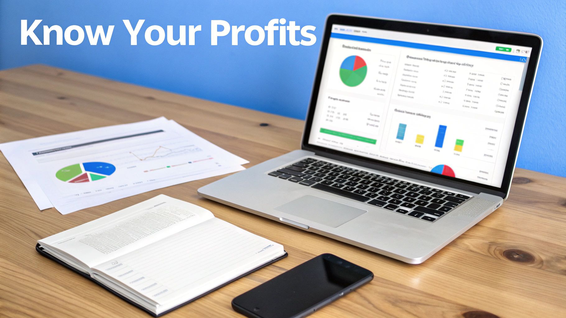 Know Your Profits: A desk with a laptop, financial charts, documents, a notebook, and a smartphone.