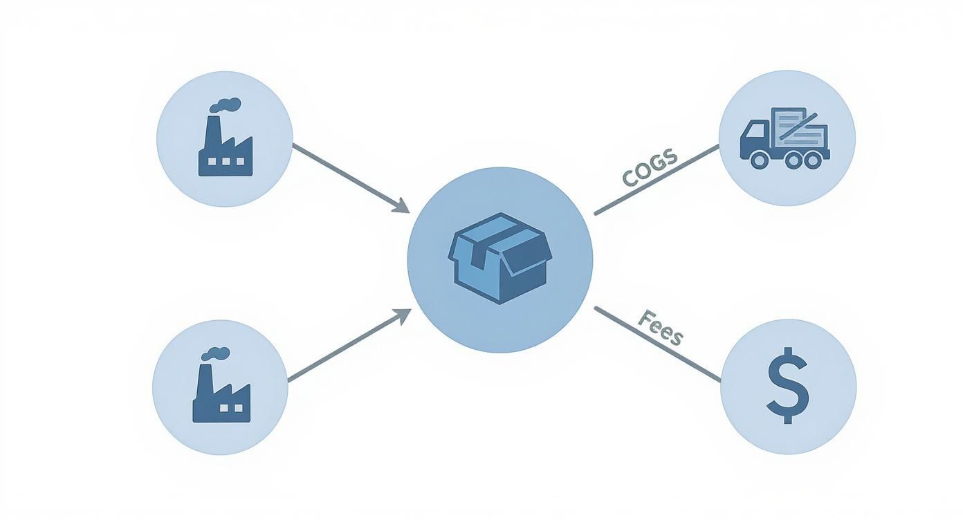 Diagram showing product cost flow: factories supply a package, incurring COGS for delivery and fees for sales.