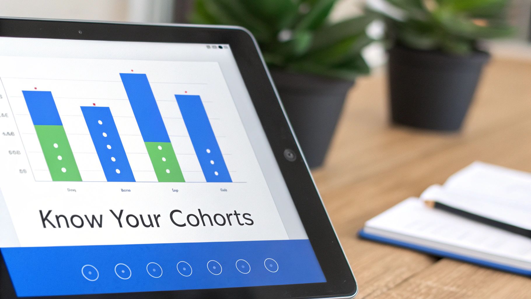A tablet displays a business chart titled "Know Your Cohorts" with data bars.