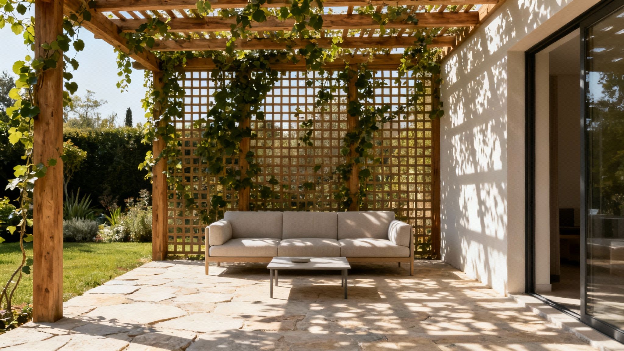 Covered pergola with lush greenery and modern seating area, enhancing outdoor living space for Peoria's climate.