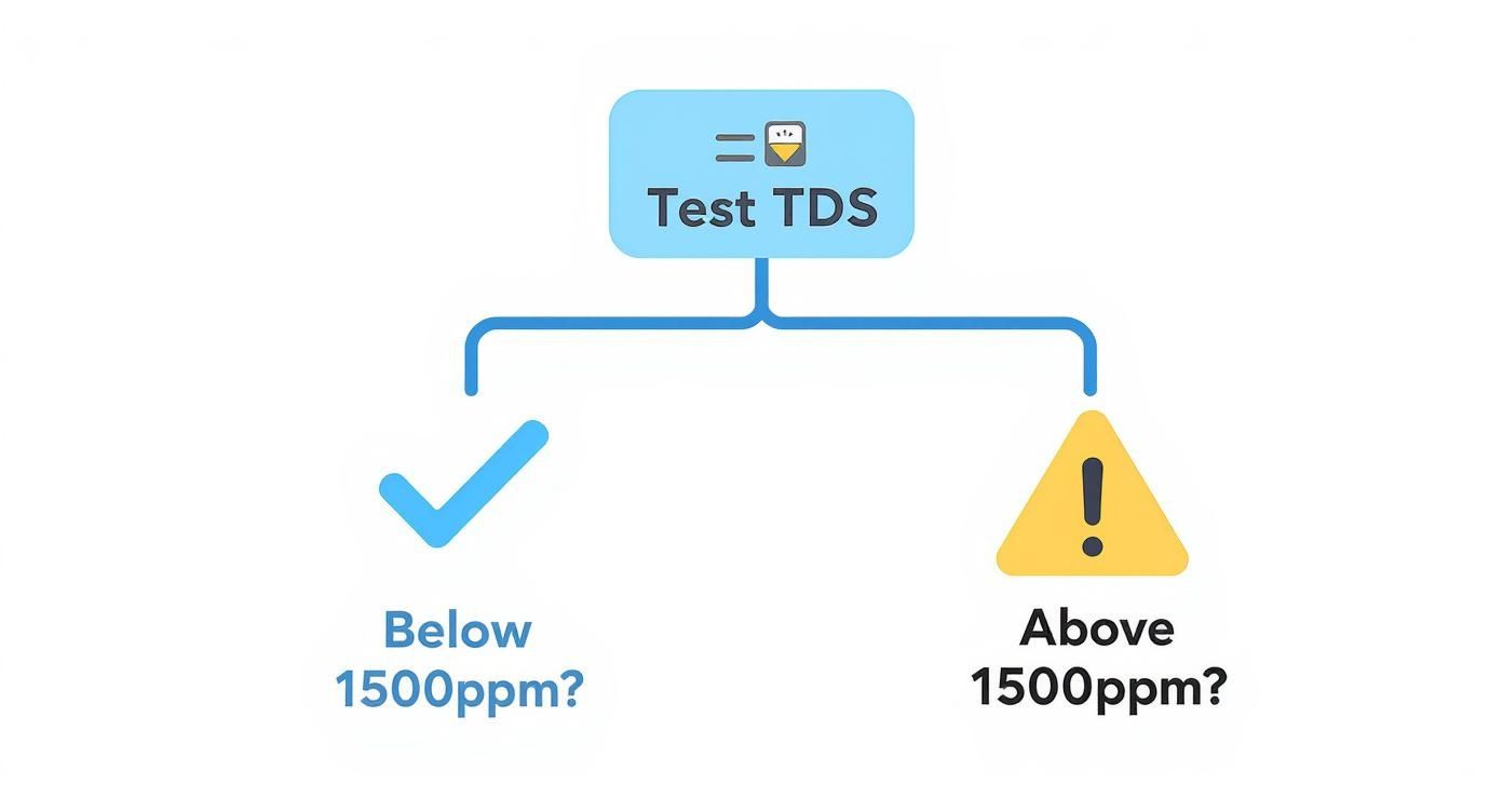 Flowchart illustrating total dissolved solids (TDS) testing in swimming pools, with indicators for levels below and above 1500 ppm, emphasizing pool water management.