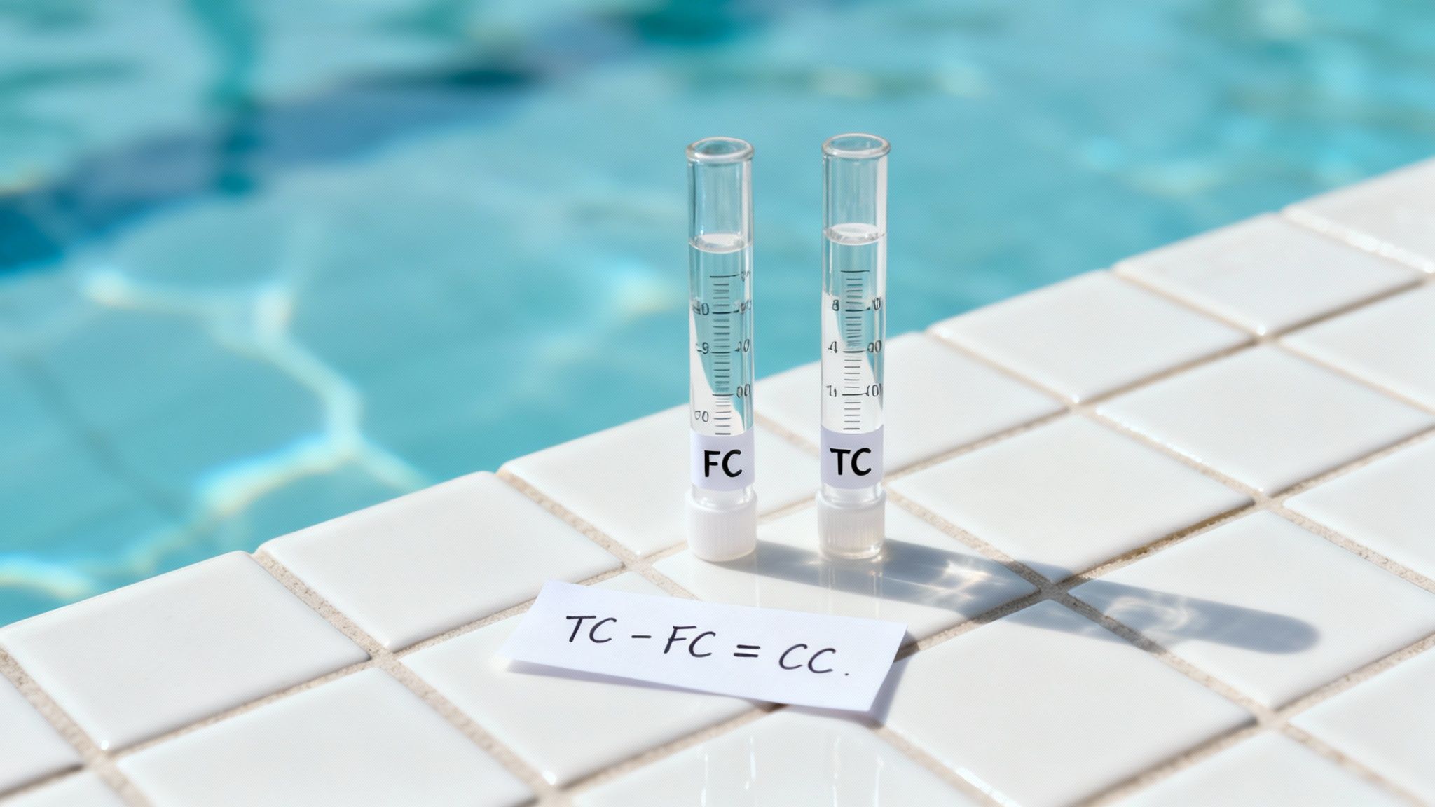 Test tubes labeled FC and TC with water samples, alongside a note explaining the chlorine calculation formula, placed on a tiled surface by a swimming pool.
