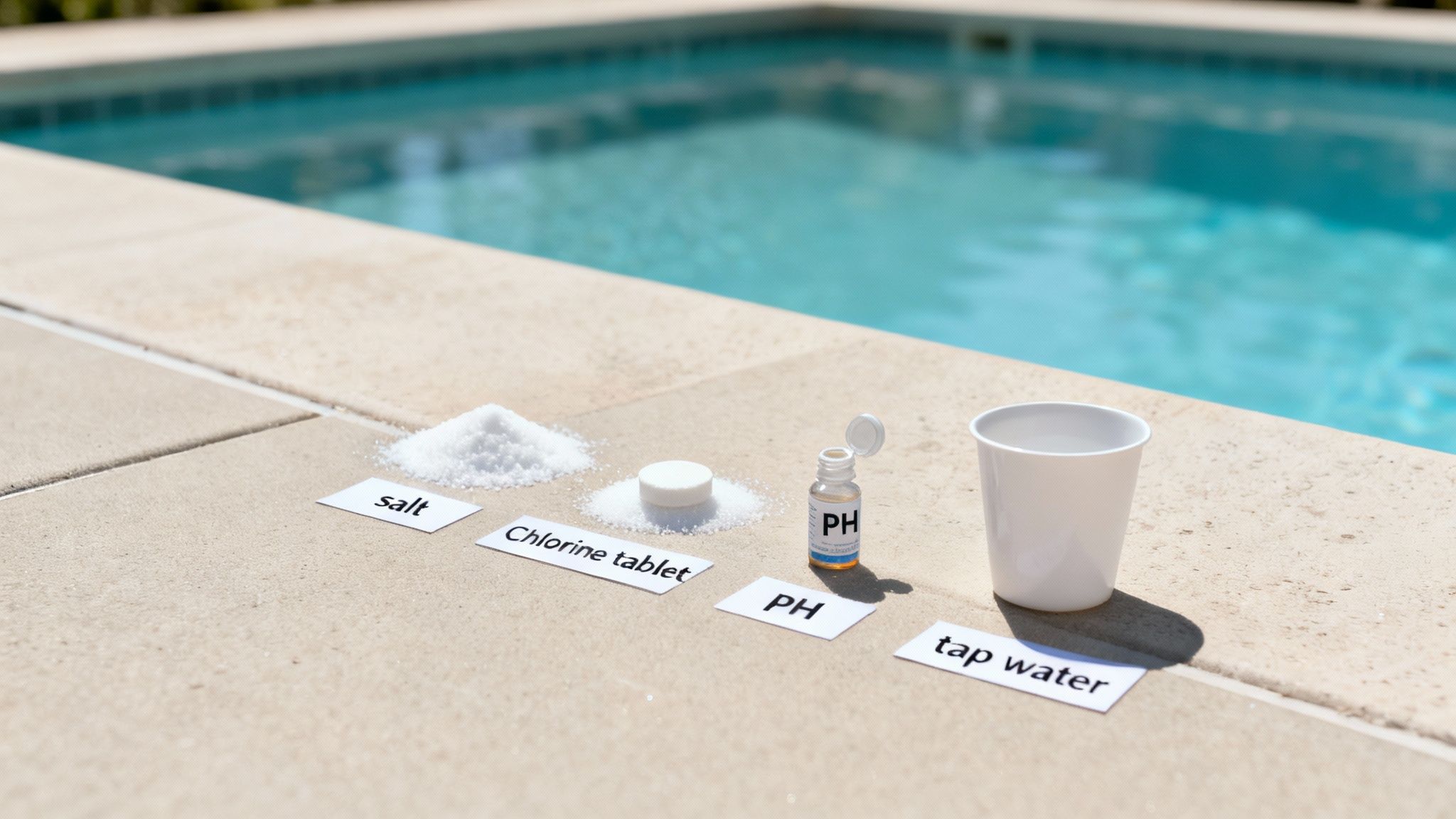 Salt, chlorine tablet, pH testing solution, and tap water samples labeled on poolside, illustrating essential pool maintenance supplies related to managing total dissolved solids (TDS) in swimming pools.