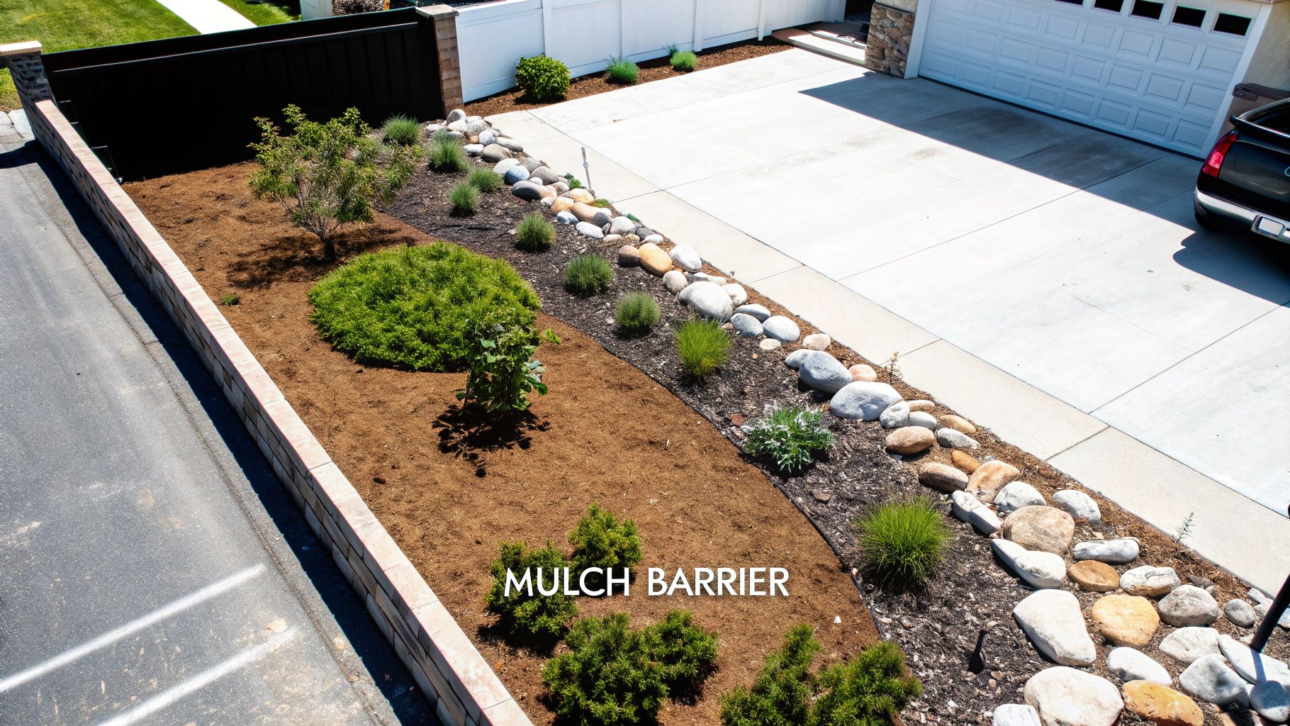 Mulch barrier installation in landscaped garden bed, featuring decorative rocks and plants, emphasizing weed prevention strategies for effective landscaping.