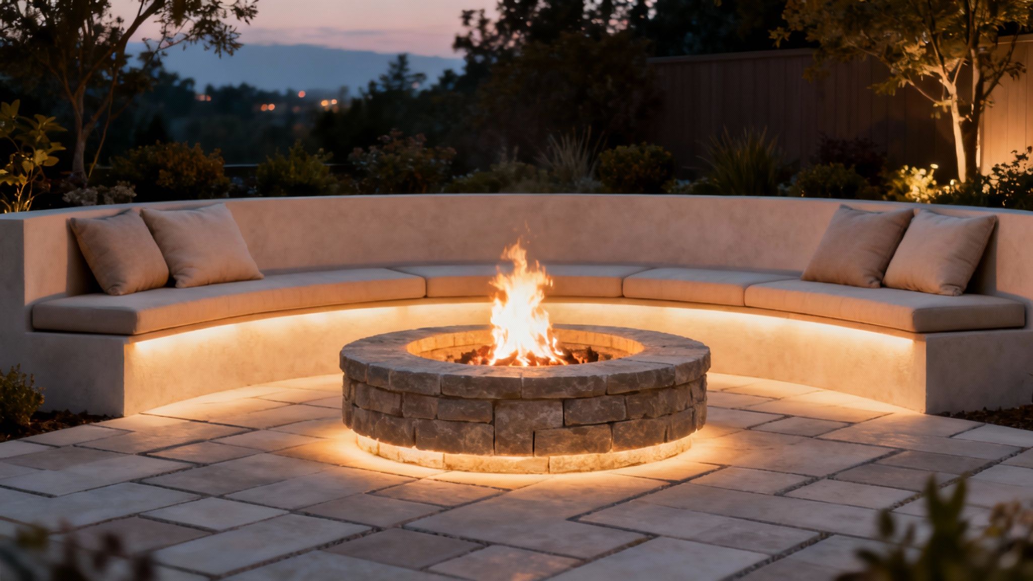 Cozy outdoor fire pit surrounded by curved stone seating, illuminated for evening gatherings, enhancing backyard ambiance for socializing in Peoria's climate.