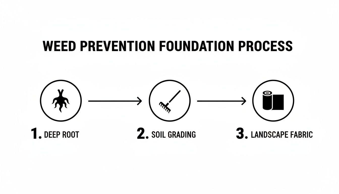 Weed prevention foundation process diagram illustrating three key steps: deep root removal, soil grading, and installation of landscape fabric for effective weed control in landscaping.
