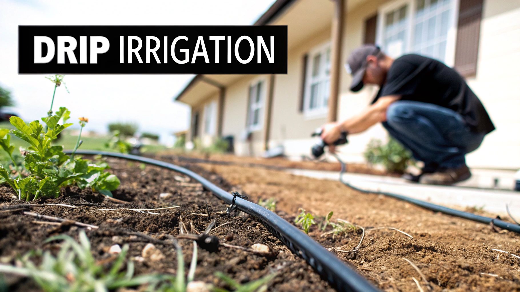 Drip irrigation system installation with technician in residential landscaping, promoting efficient watering and weed control strategies.